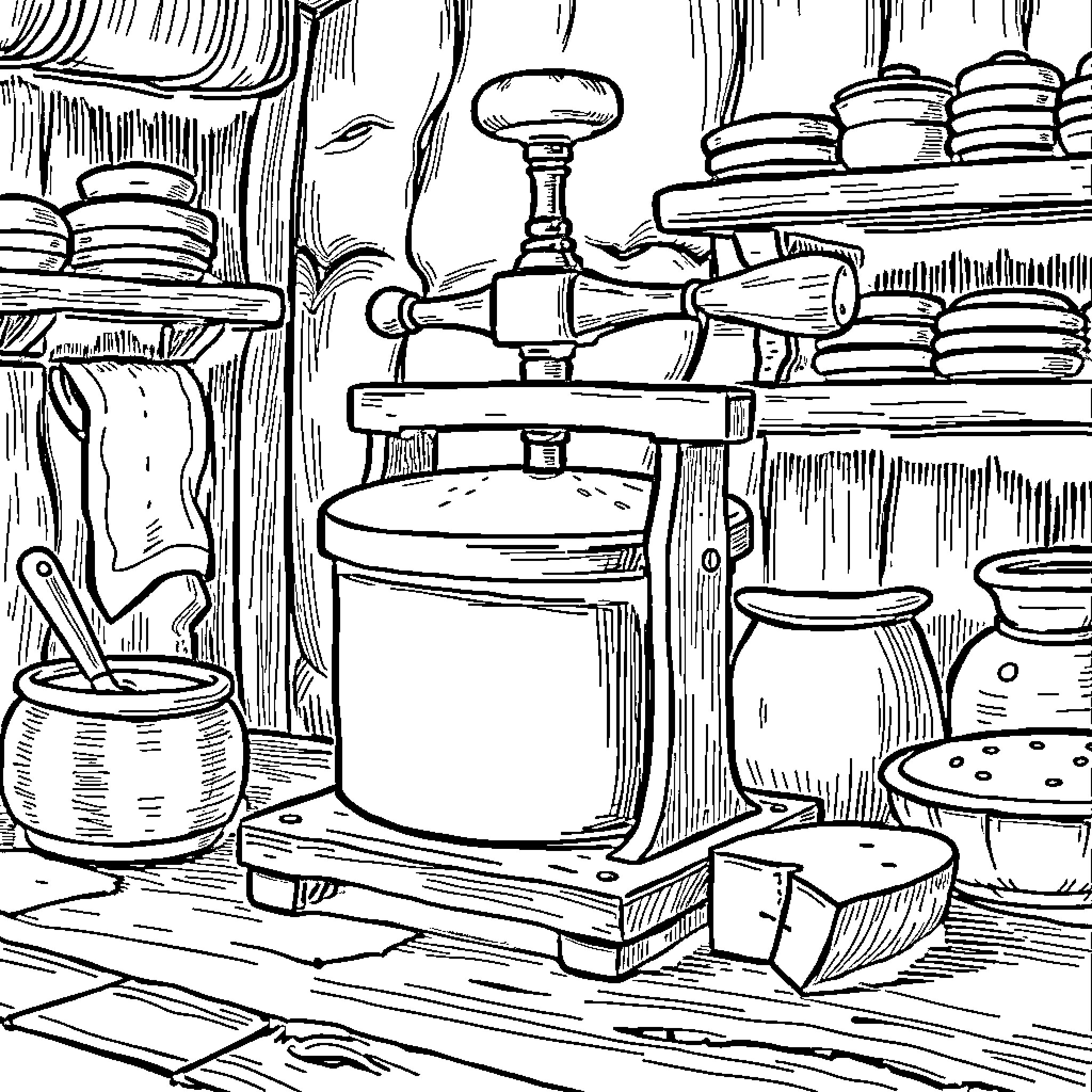 Cheese Press in a Rustic Kitchen Coloring Page (free black-and-white line drawing printable PDF for all, from beginners to advanced learners, including children, teens, adults, and seniors)