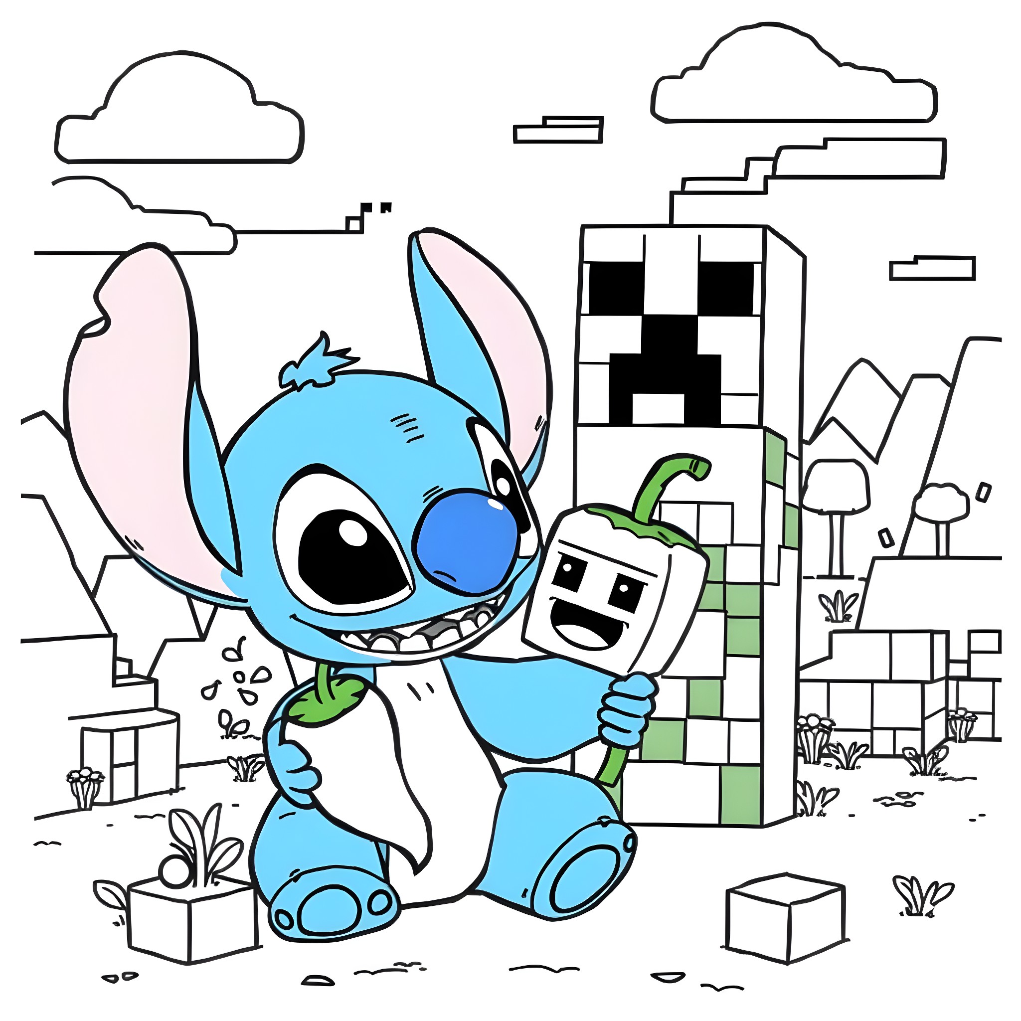 Stitch making friends with a Minecraft character in a fantasy landscape Coloring Page (free black-and-white line drawing printable PDF for all, from beginners to advanced learners, including children, teens, adults, and seniors)
