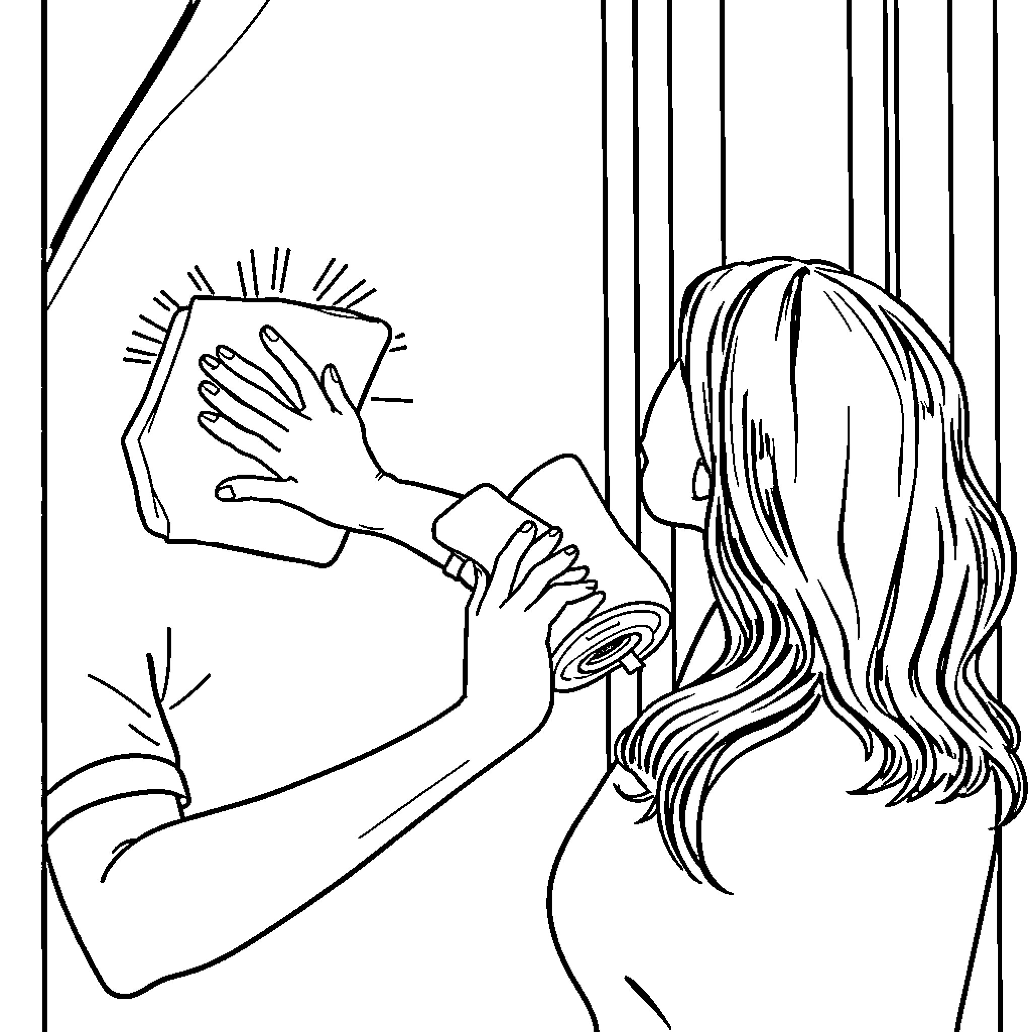 Woman reaching towards illuminated mirror Coloring Page (free black-and-white line drawing printable PDF for all, from beginners to advanced learners, including children, teens, adults, and seniors)