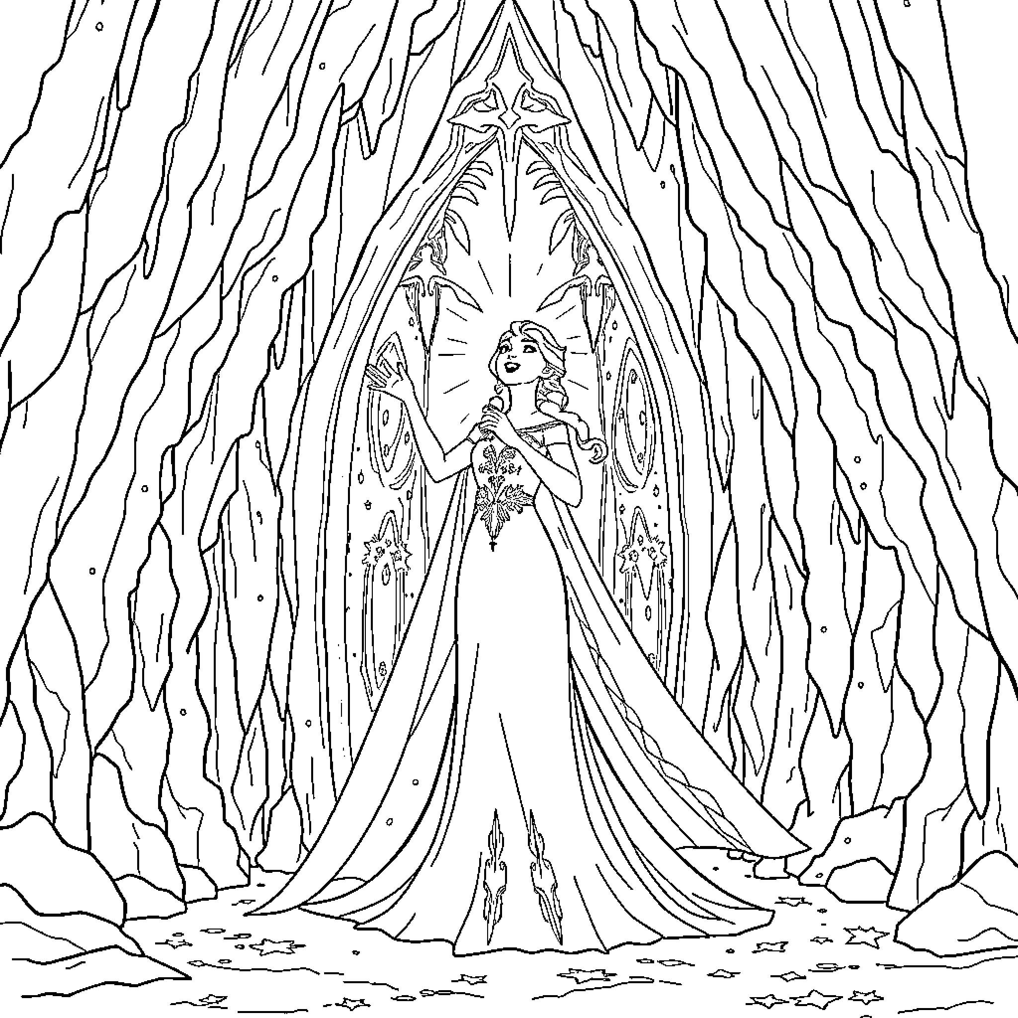 Elsa in a majestic winter wonderland Coloring Page (free black-and-white line drawing printable PDF for all, from beginners to advanced learners, including children, teens, adults, and seniors)