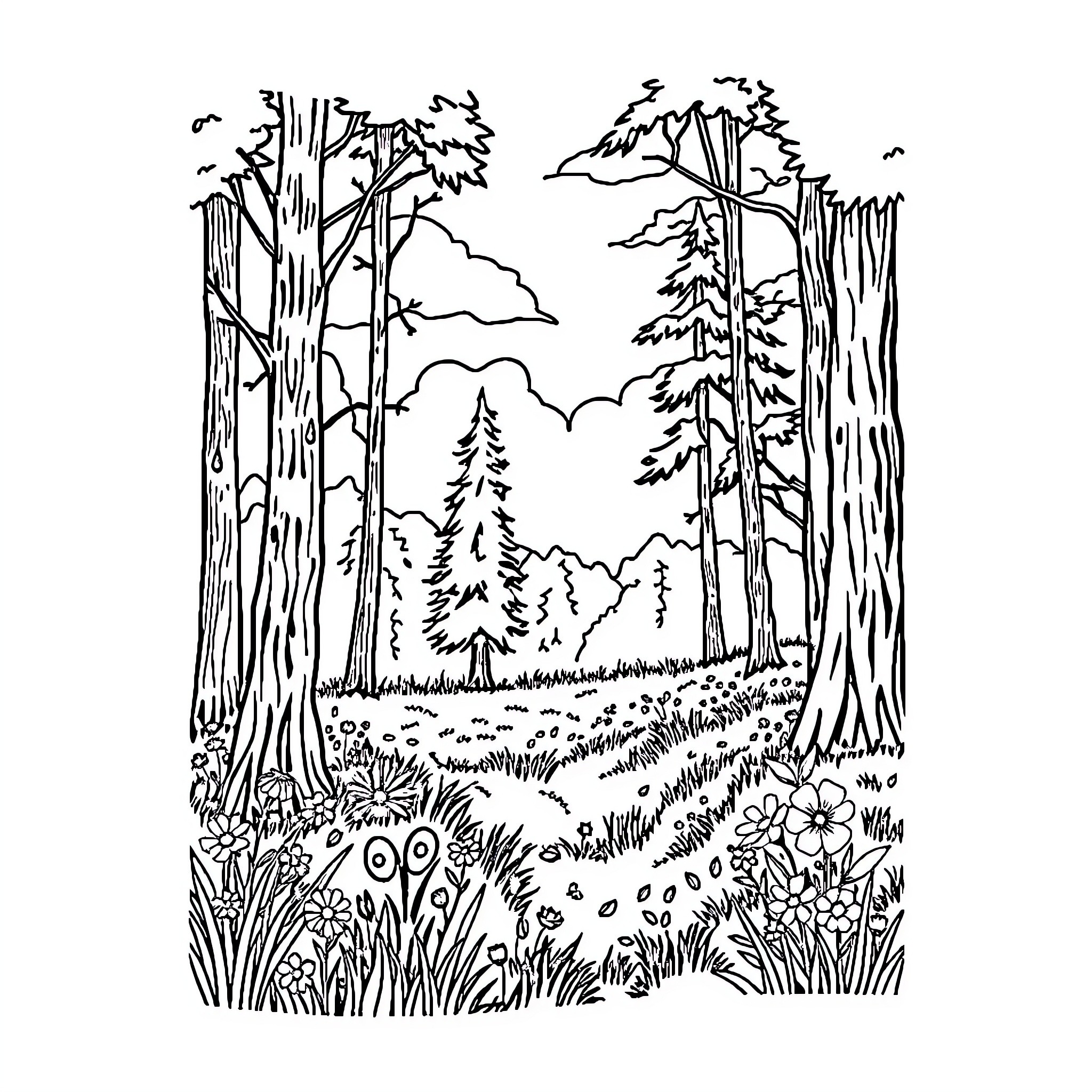 Nature scene of a peaceful forest landscape Coloring Page (free black-and-white line drawing printable PDF for all, from beginners to advanced learners, including children, teens, adults, and seniors)