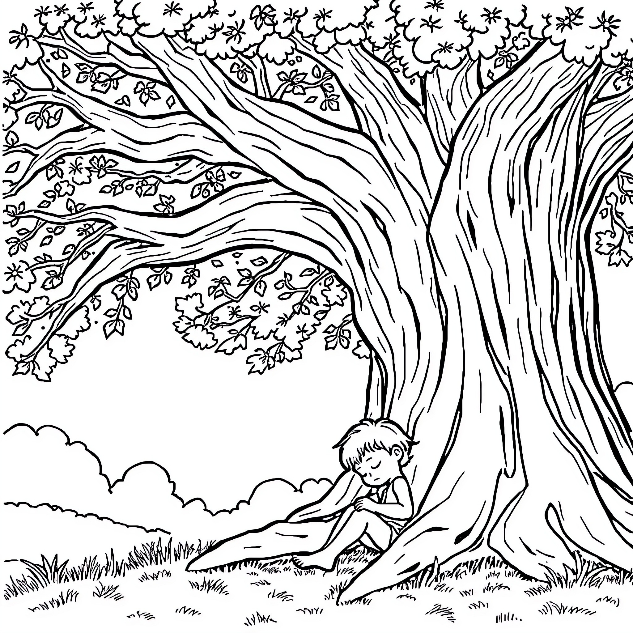 Kid relaxing under the large, intricate tree Coloring Page (free black-and-white line drawing printable PDF for all, from beginners to advanced learners, including children, teens, adults, and seniors)