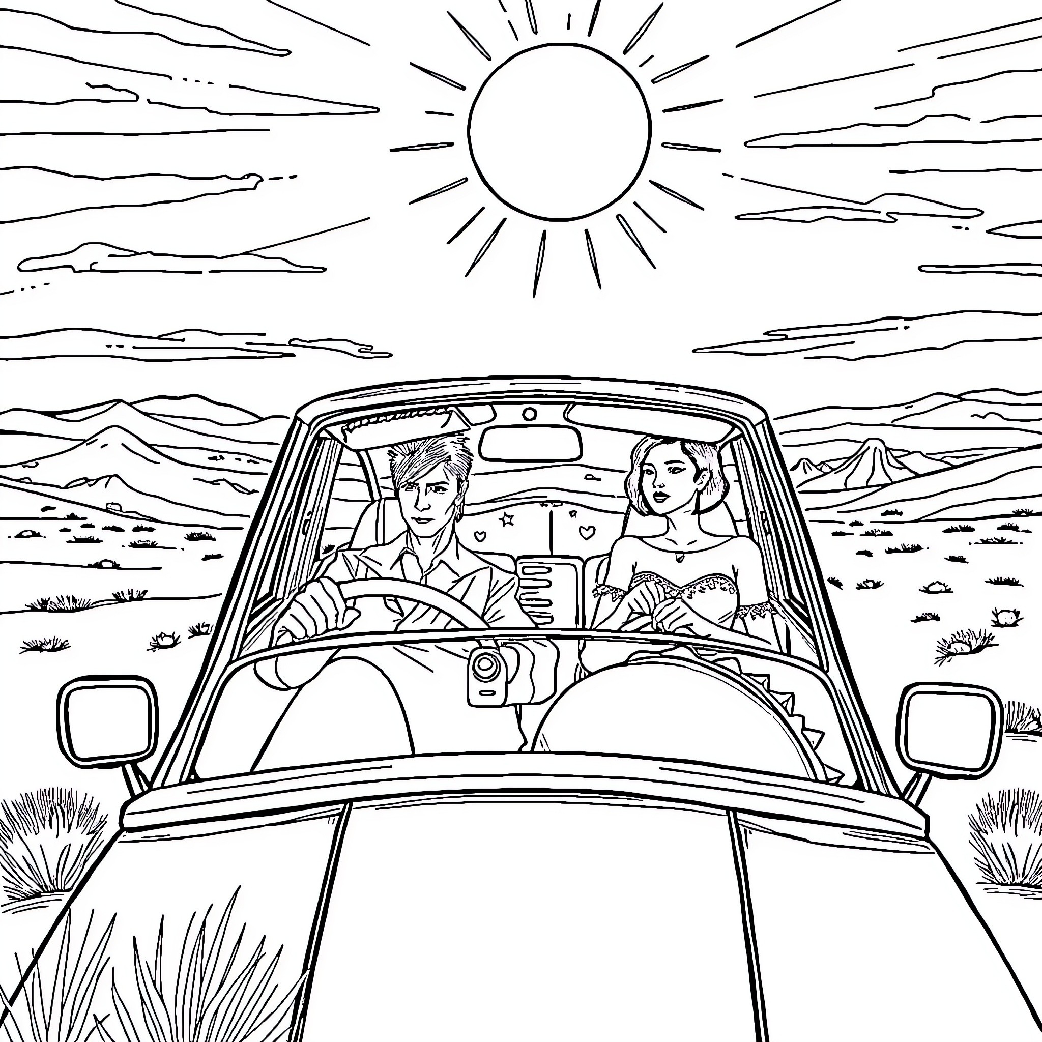 David Bowie and companion driving through the desert Coloring Page (free black-and-white line drawing printable PDF for all, from beginners to advanced learners, including children, teens, adults, and seniors)