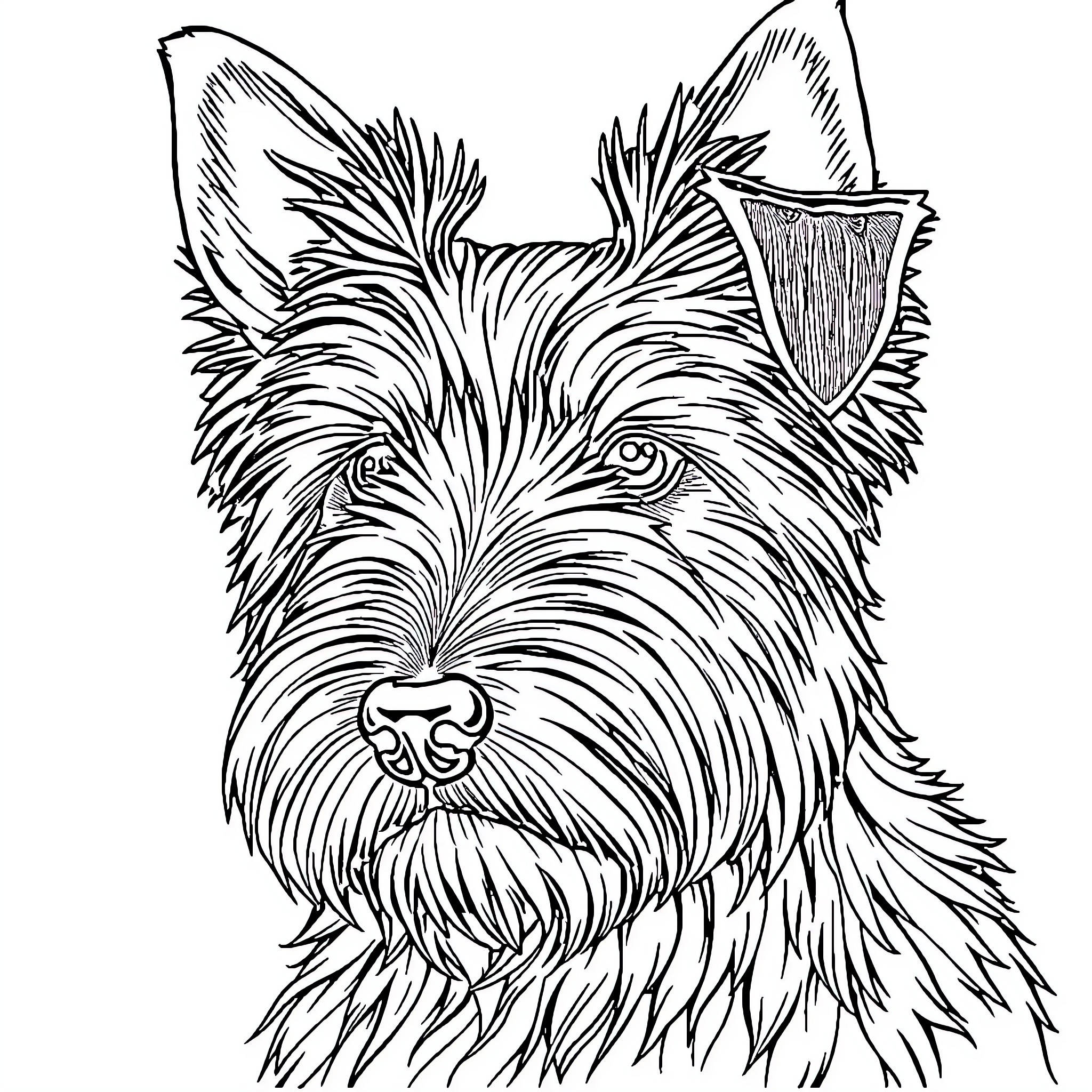 Yorkshire Terrier Portrait with Expressive Features Coloring Page (free black-and-white line drawing printable PDF for all, from beginners to advanced learners, including children, teens, adults, and seniors)