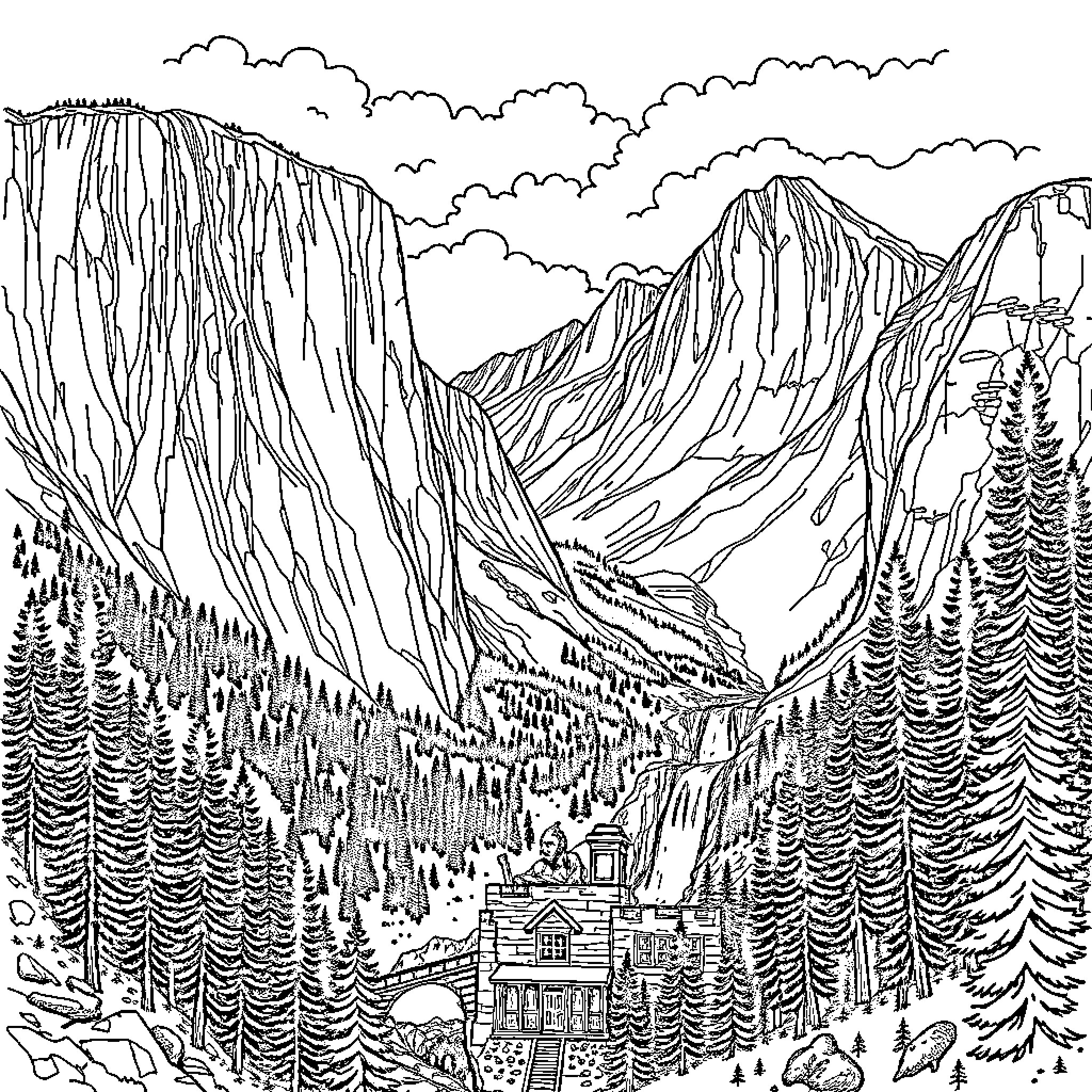 Yosemite landscape with mountains, forest, and buildings Coloring Page (free black-and-white line drawing printable PDF for all, from beginners to advanced learners, including children, teens, adults, and seniors)