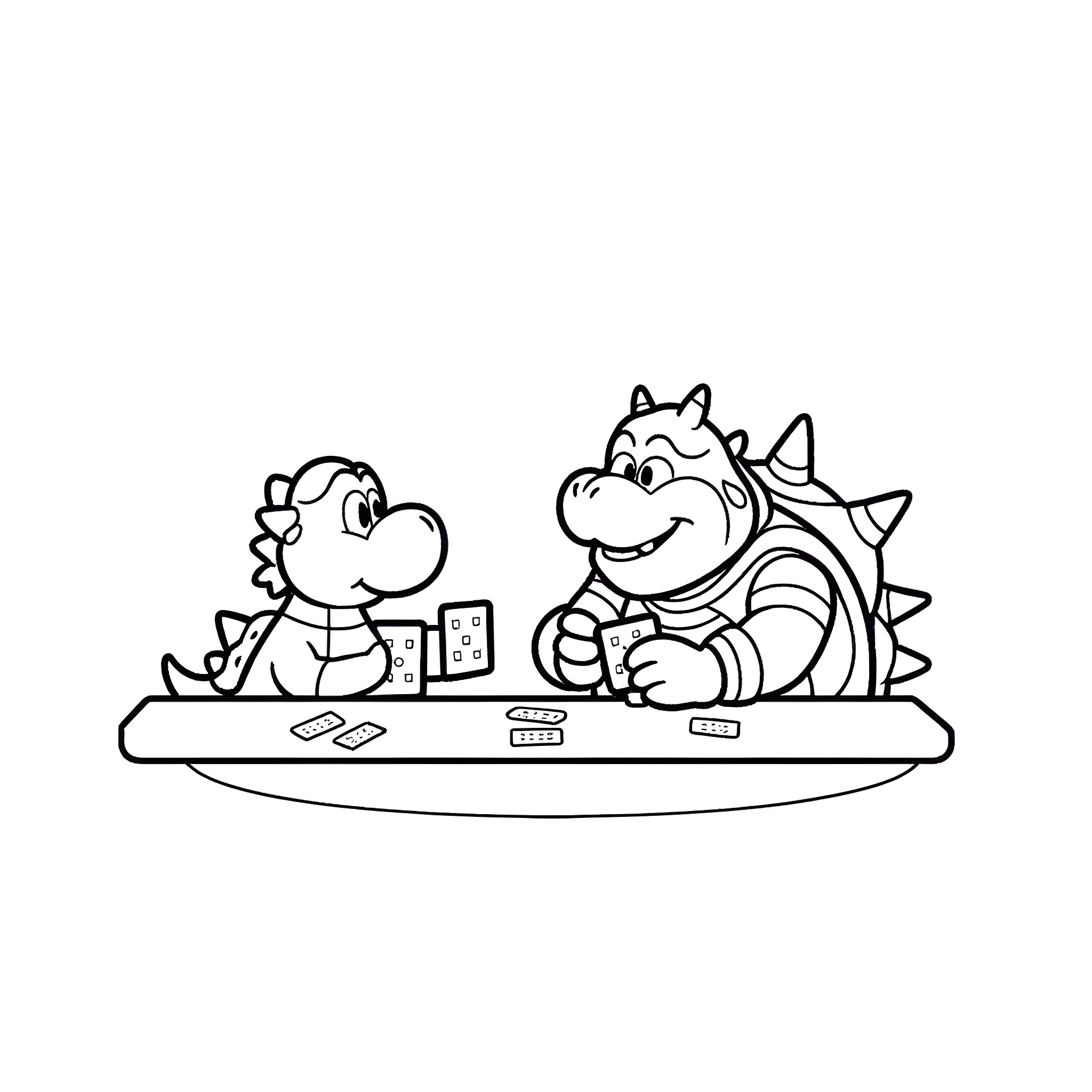 Yoshi playing video games with a friendly dinosaur Coloring Page (free black-and-white line drawing printable PDF for all, from beginners to advanced learners, including children, teens, adults, and seniors)
