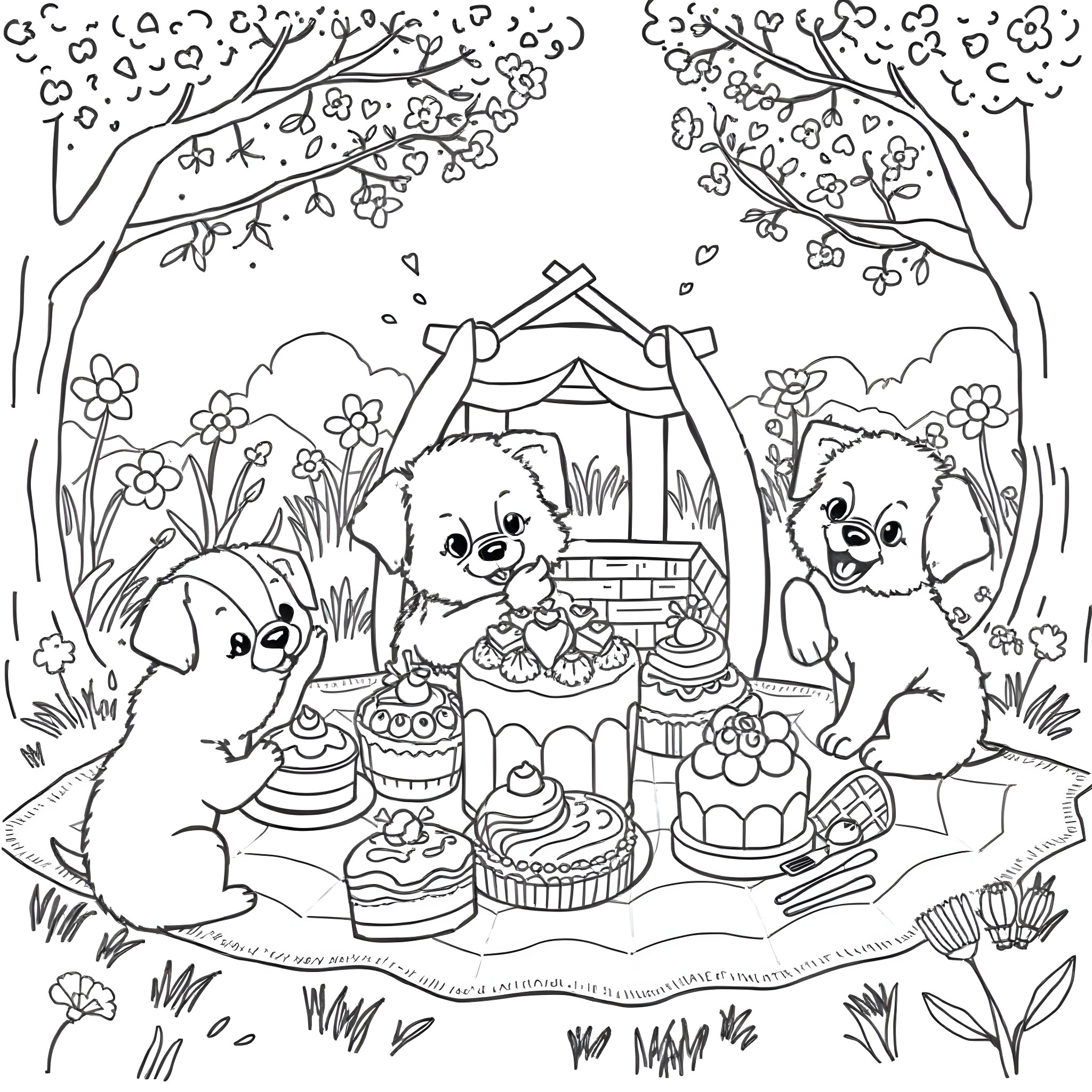 Animal Puppies Enjoying Birthday Cakes in Garden Coloring Page (free black-and-white line drawing printable PDF for all, from beginners to advanced learners, including children, teens, adults, and seniors)