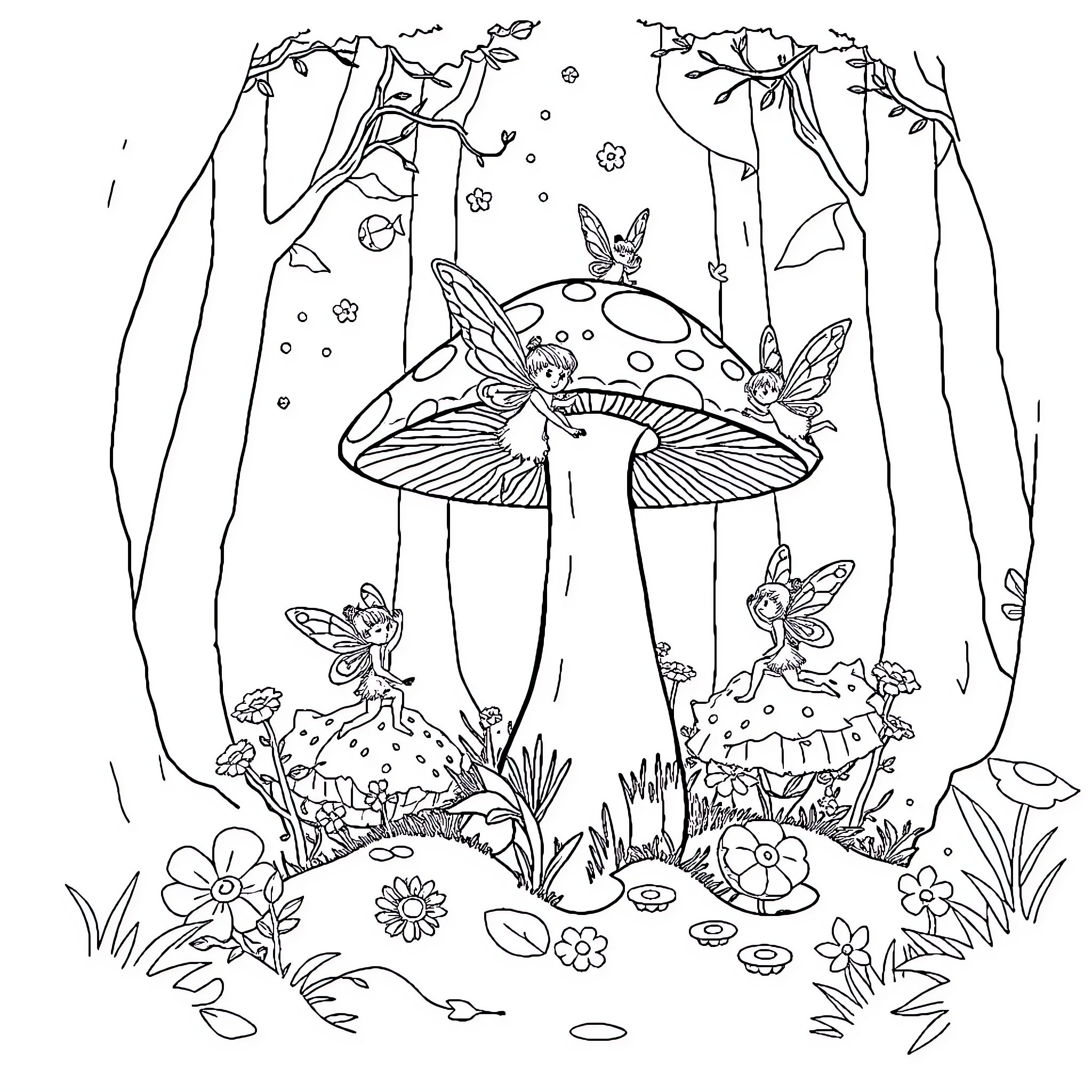 Fairy Creatures Exploring Enchanted Mushroom Forest Coloring Page (free black-and-white line drawing printable PDF for all, from beginners to advanced learners, including children, teens, adults, and seniors)