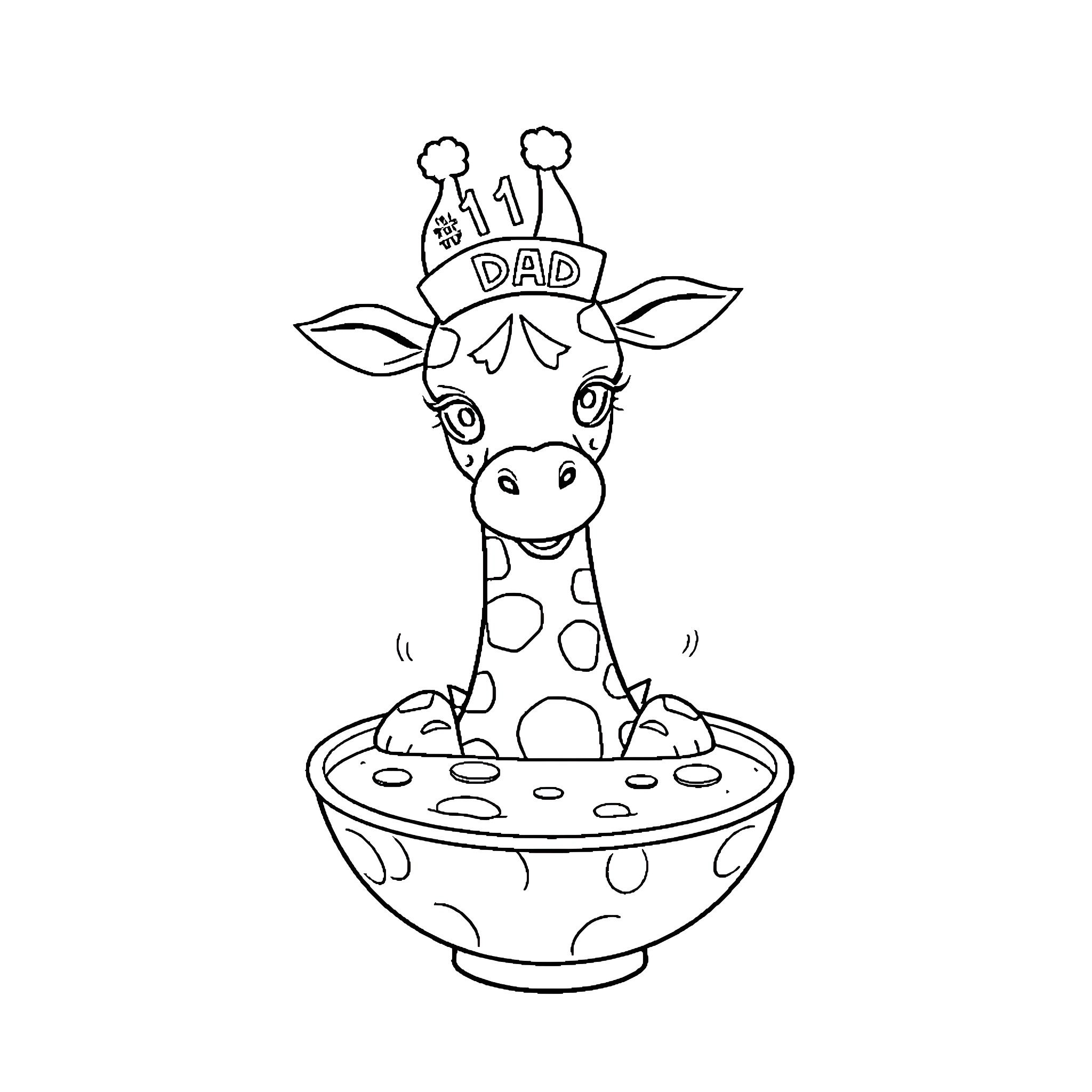 Giraffe sitting in a bowl happily Coloring Page (free black-and-white line drawing printable PDF for all, from beginners to advanced learners, including children, teens, adults, and seniors)
