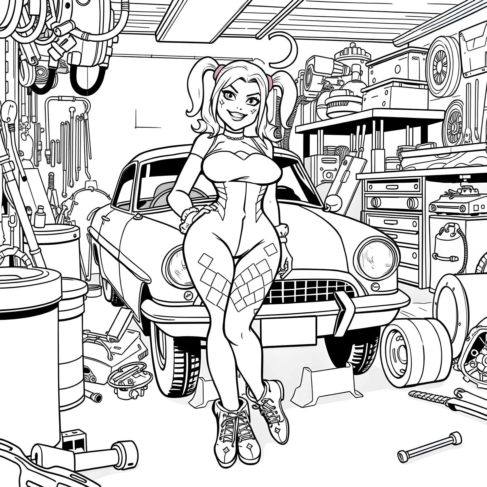 Harley Quinn at the garage workshop Coloring Page (free black-and-white line drawing printable PDF for all, from beginners to advanced learners, including children, teens, adults, and seniors)