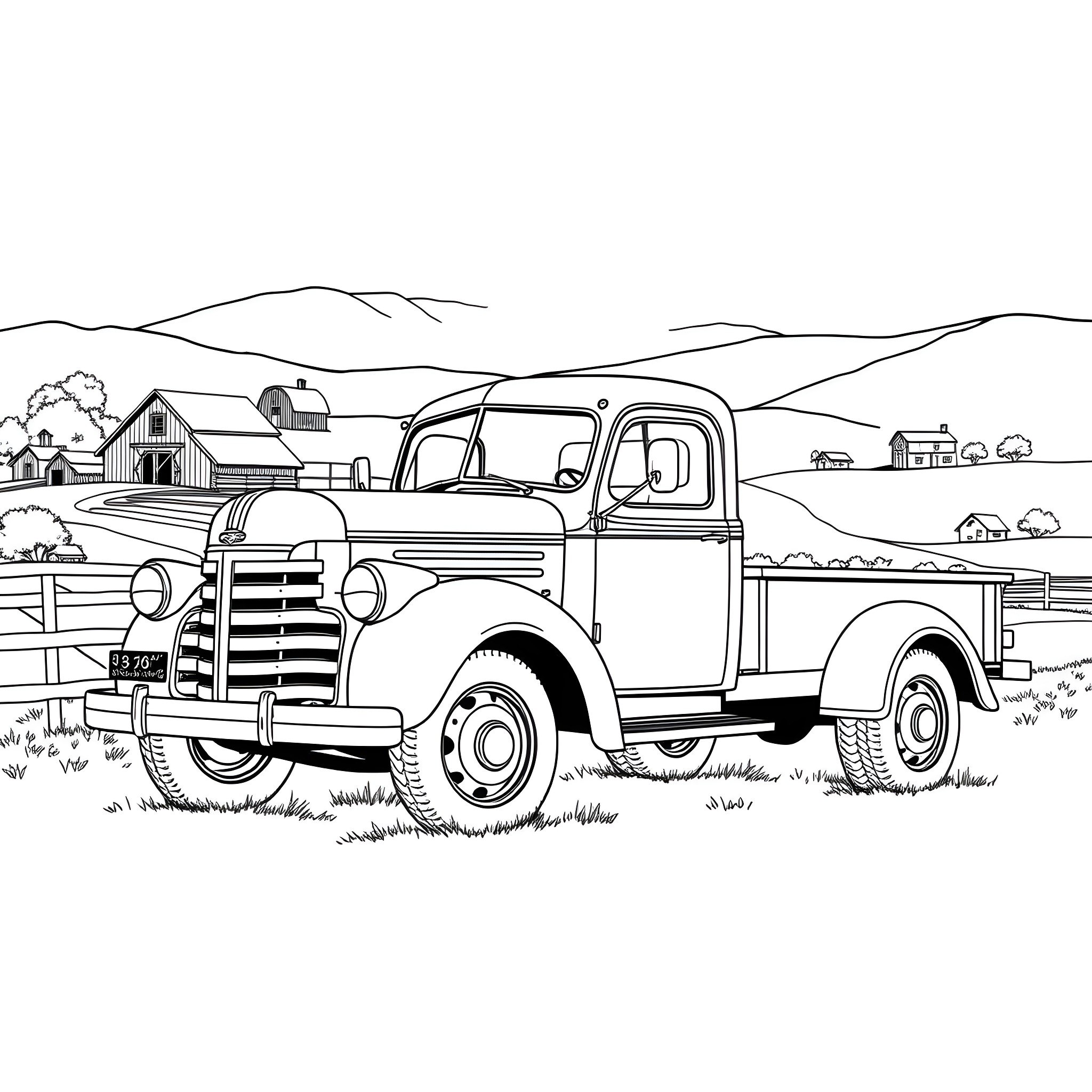 Truck parked in a rural countryside scene Coloring Page (free black-and-white line drawing printable PDF for all, from beginners to advanced learners, including children, teens, adults, and seniors)