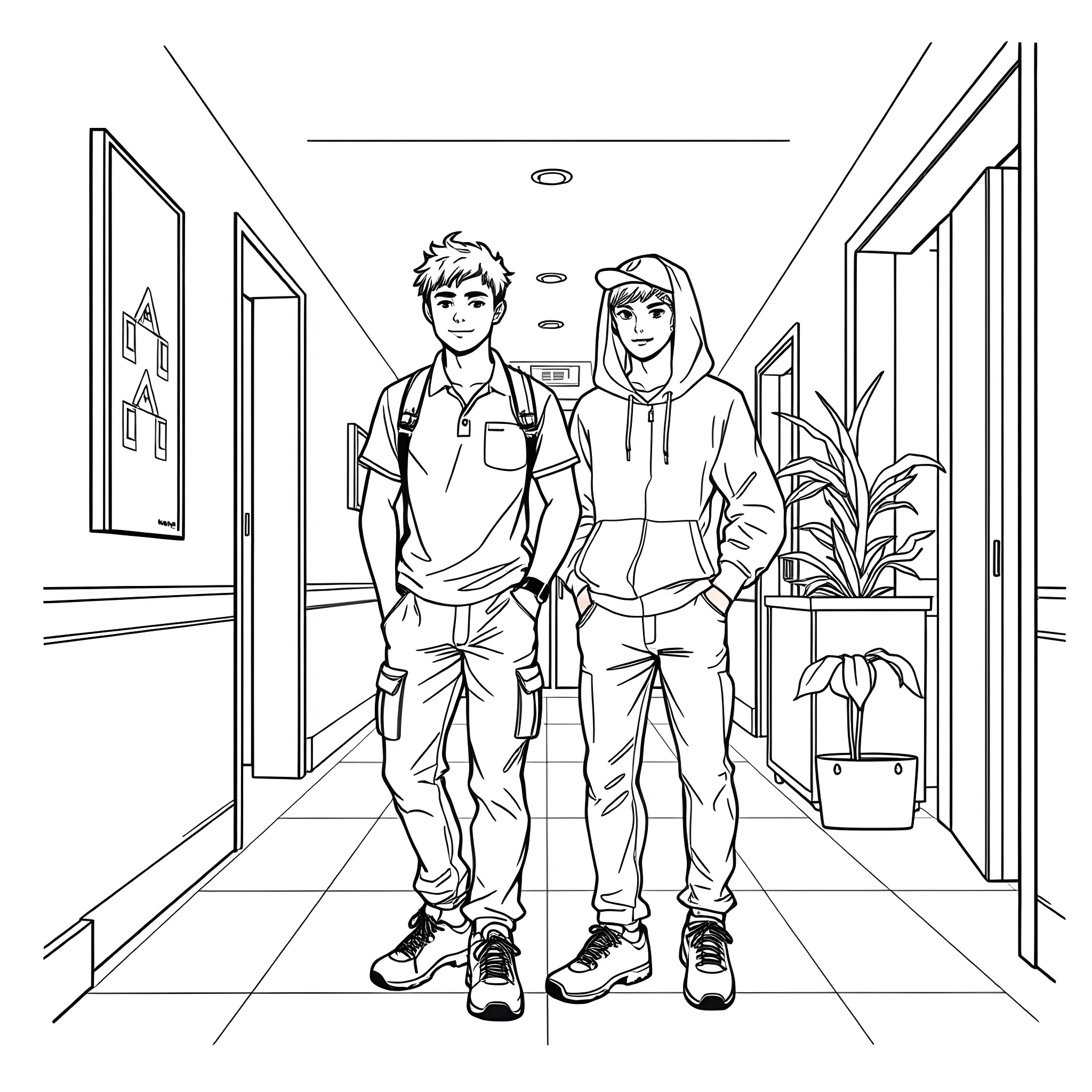 Teen friends hanging out in the hallway Coloring Page (free black-and-white line drawing printable PDF for all, from beginners to advanced learners, including children, teens, adults, and seniors)