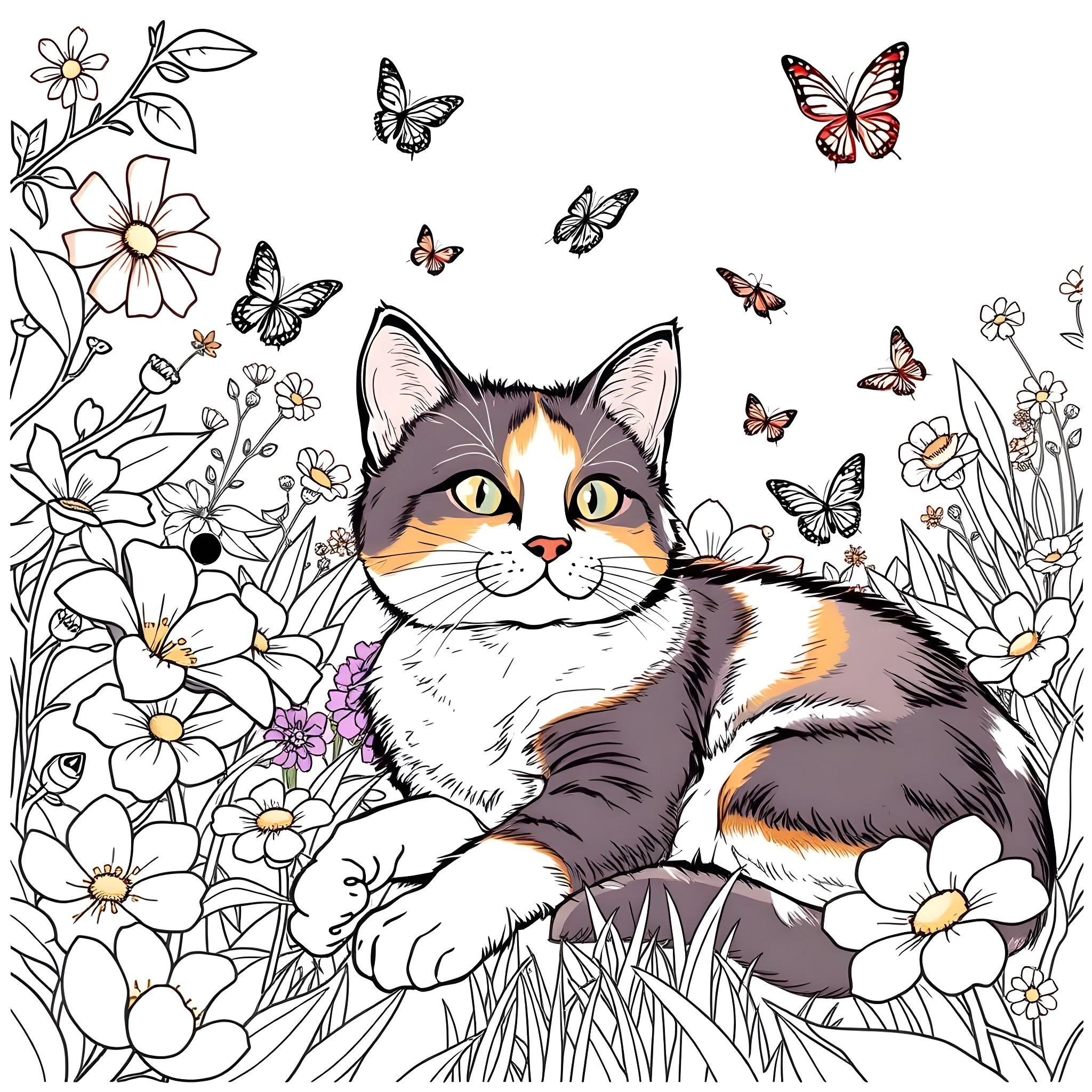 Calico Cat enjoying nature among flowers and butterflies Coloring Page (free black-and-white line drawing printable PDF for all, from beginners to advanced learners, including children, teens, adults, and seniors)