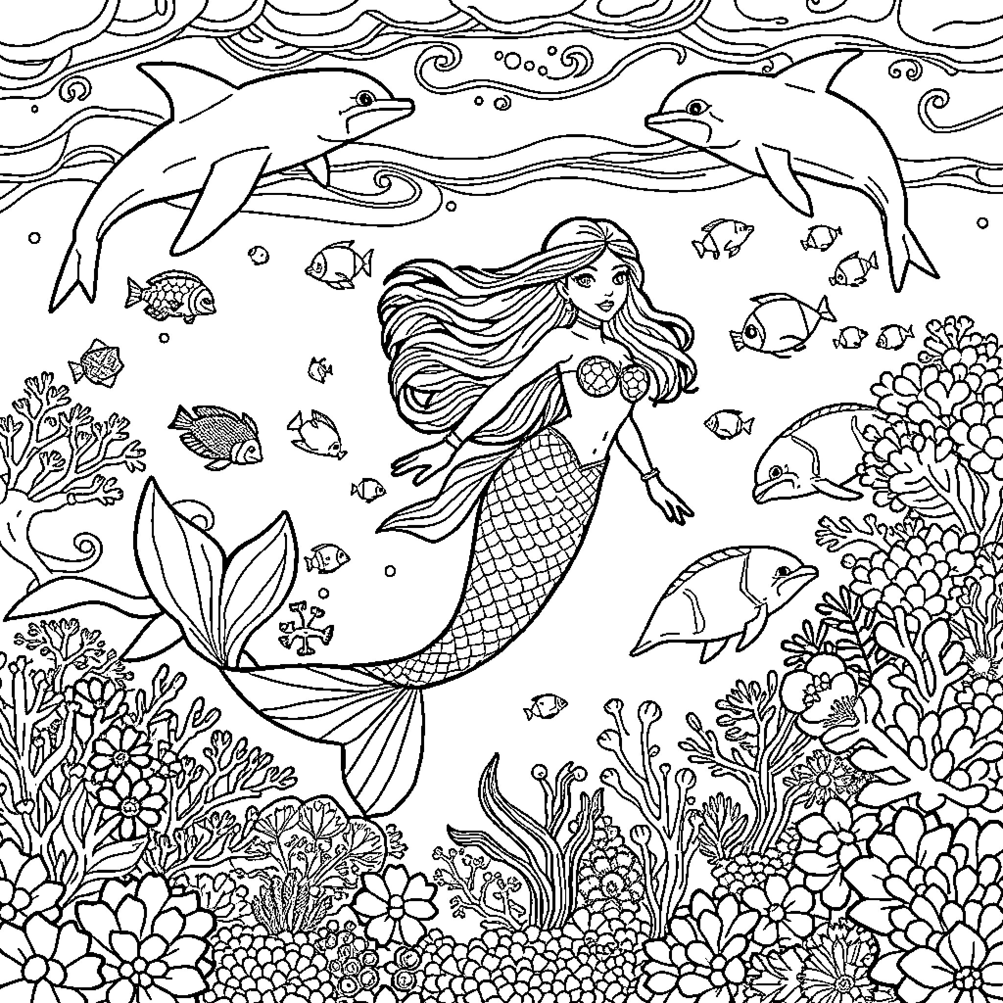 Mermaid Surrounded by Vibrant Marine Life Coloring Page (free black-and-white line drawing printable PDF for all, from beginners to advanced learners, including children, teens, adults, and seniors)