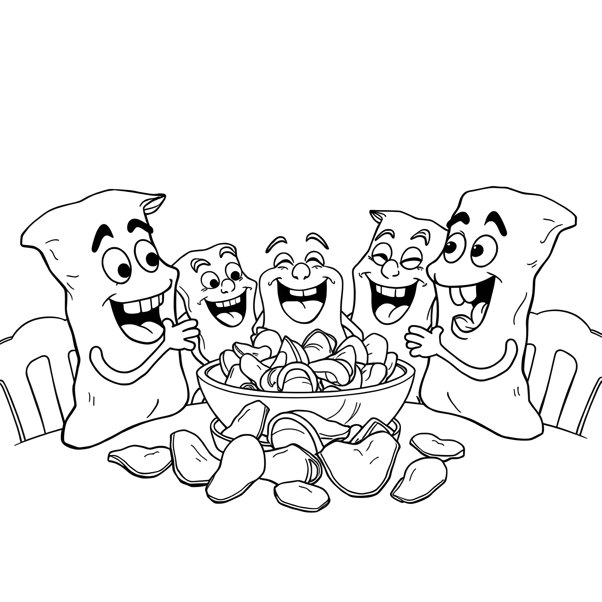 Potato Buddies Enjoying a Tasty Snack Coloring Page (free black-and-white line drawing printable PDF for all, from beginners to advanced learners, including children, teens, adults, and seniors)