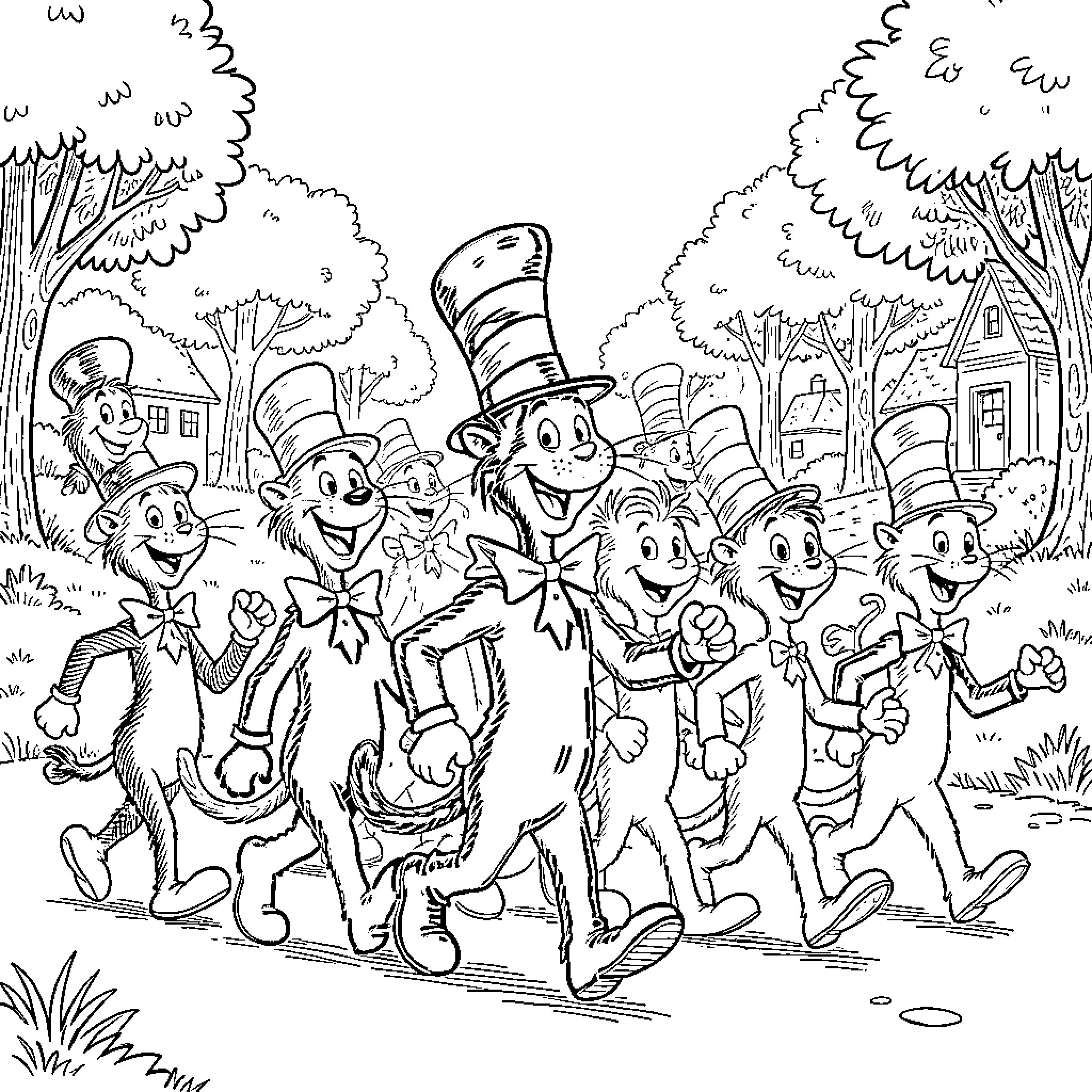 Cat in the Hat and Friends Explore the Neighborhood Coloring Page (free black-and-white line drawing printable PDF for all, from beginners to advanced learners, including children, teens, adults, and seniors)
