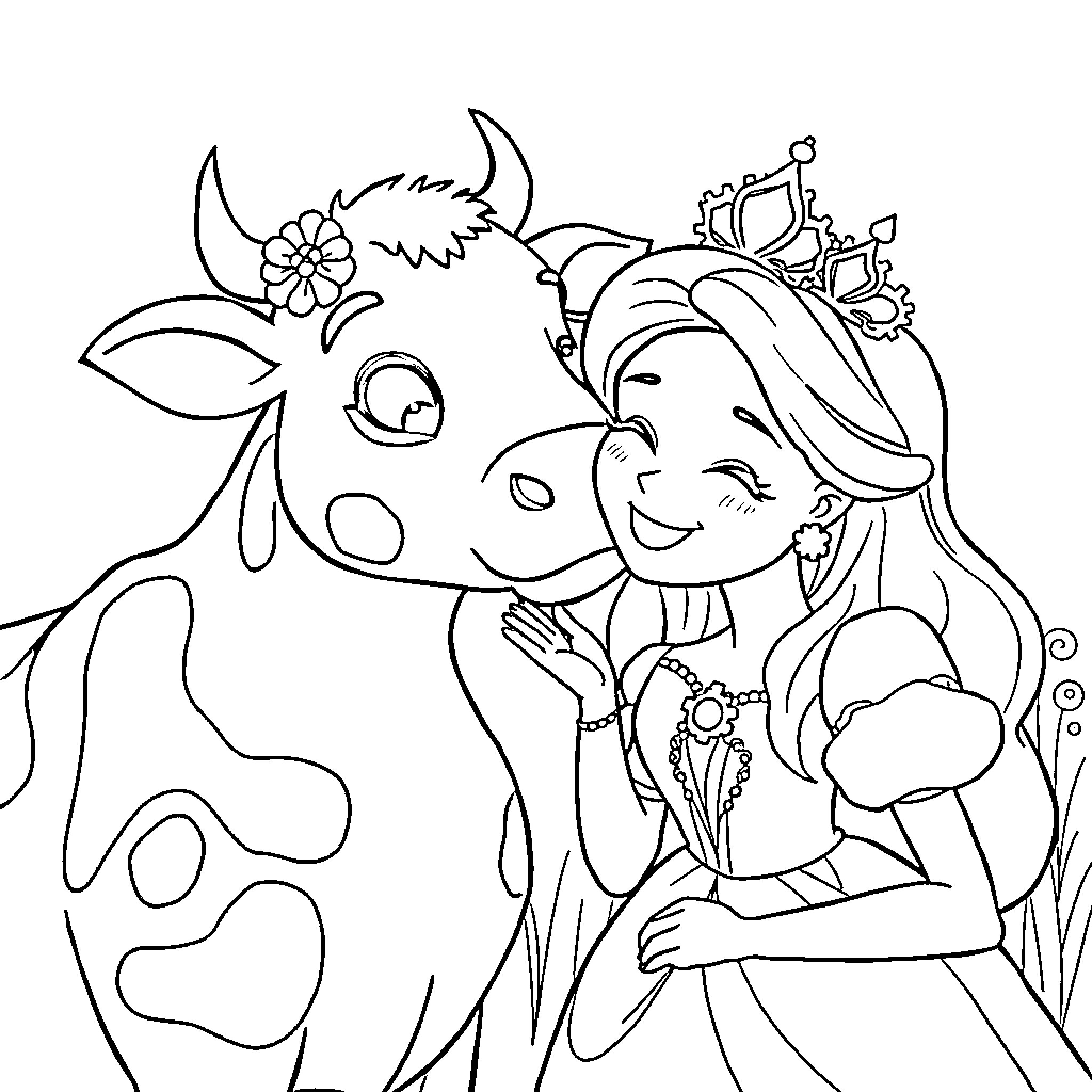 Cow and Princess in Friendly Encounter Coloring Page (free black-and-white line drawing printable PDF for all, from beginners to advanced learners, including children, teens, adults, and seniors)