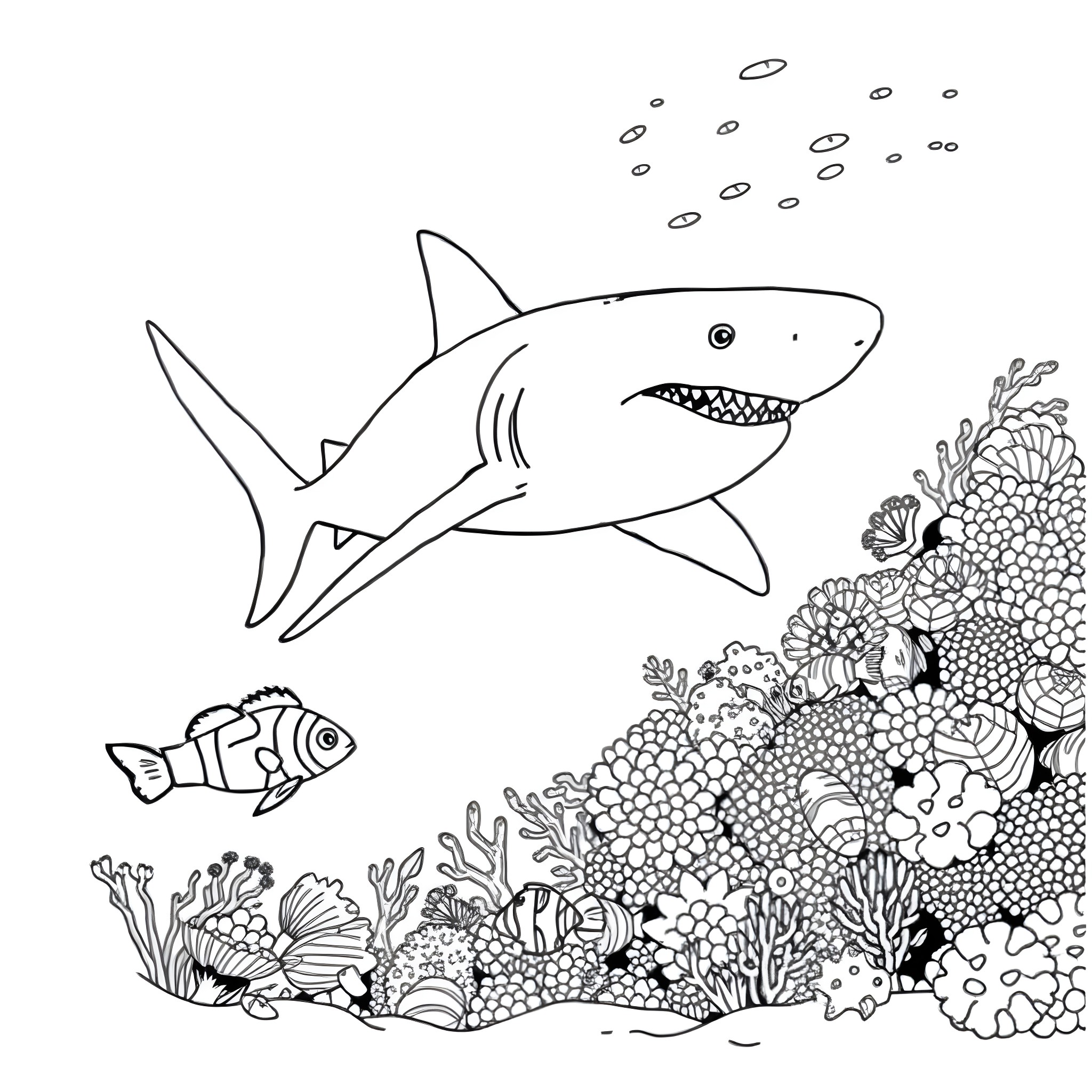 Shark swimming through a vibrant coral reef Coloring Page (free black-and-white line drawing printable PDF for all, from beginners to advanced learners, including children, teens, adults, and seniors)