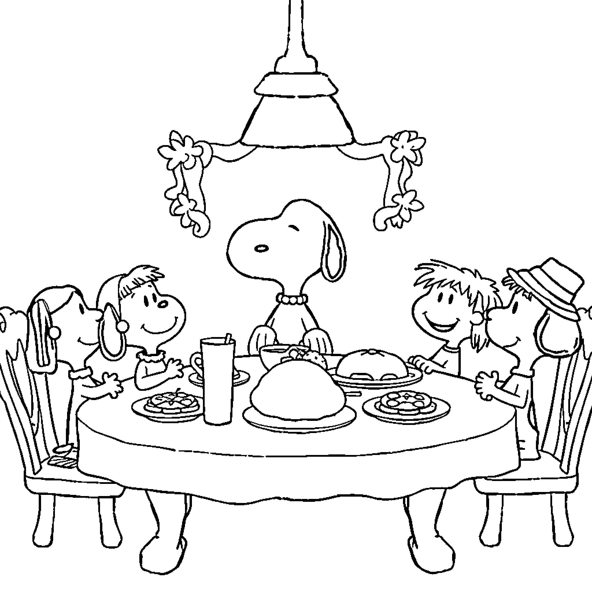 Snoopy and friends enjoy a cozy dinner together Coloring Page (free black-and-white line drawing printable PDF for all, from beginners to advanced learners, including children, teens, adults, and seniors)