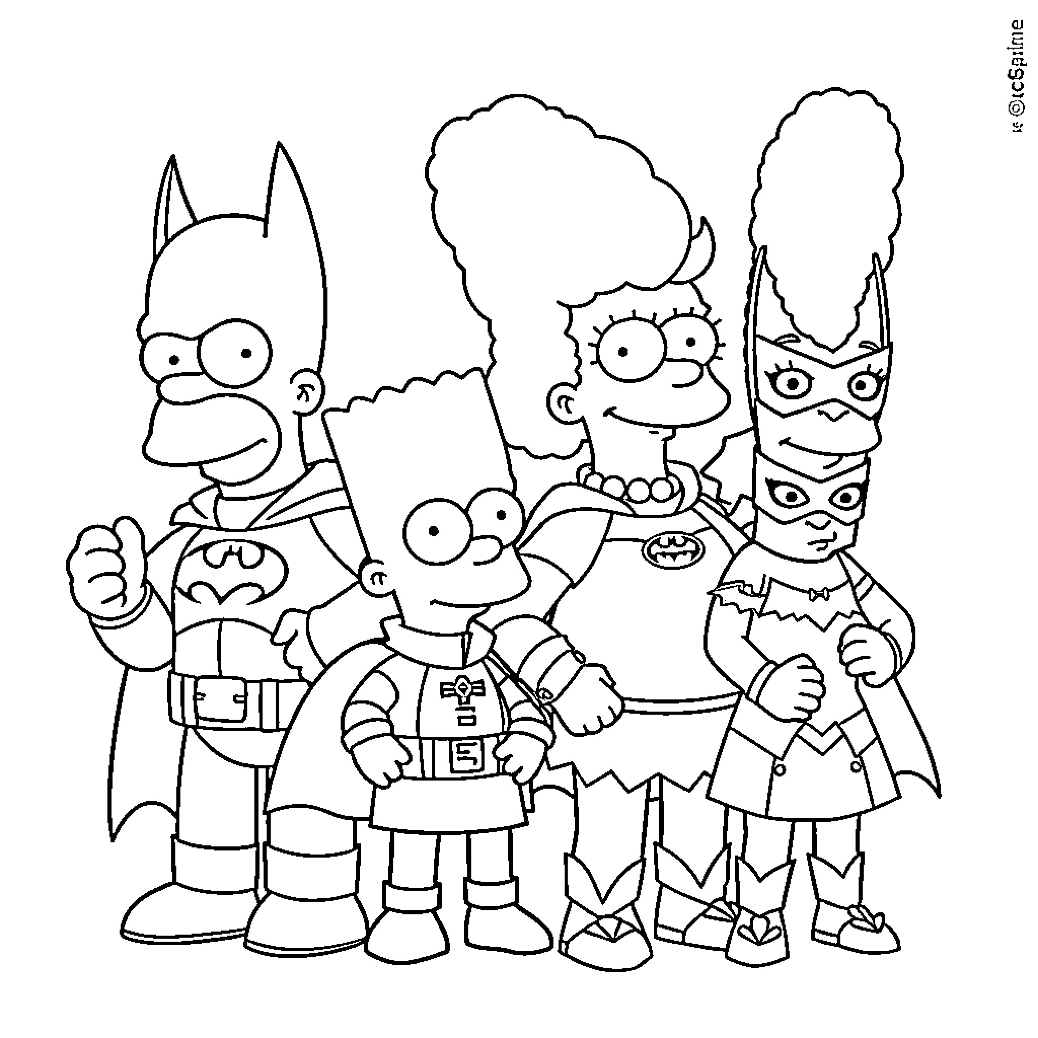 Simpson family members in superhero costumes Coloring Page (free black-and-white line drawing printable PDF for all, from beginners to advanced learners, including children, teens, adults, and seniors)