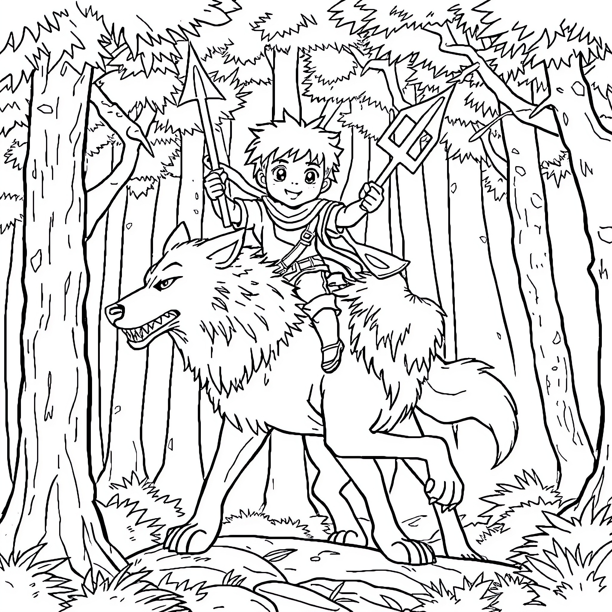 Child riding a wolf through the forest Coloring Page (free black-and-white line drawing printable PDF for all, from beginners to advanced learners, including children, teens, adults, and seniors)
