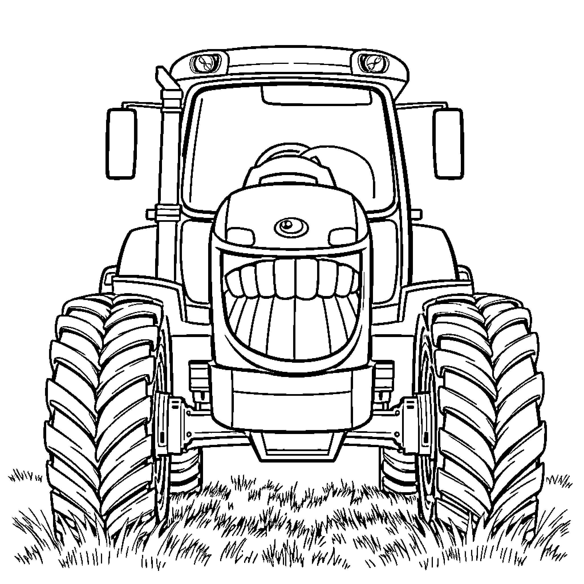 Tractor with a Friendly Face in the Field Coloring Page (free black-and-white line drawing printable PDF for all, from beginners to advanced learners, including children, teens, adults, and seniors)
