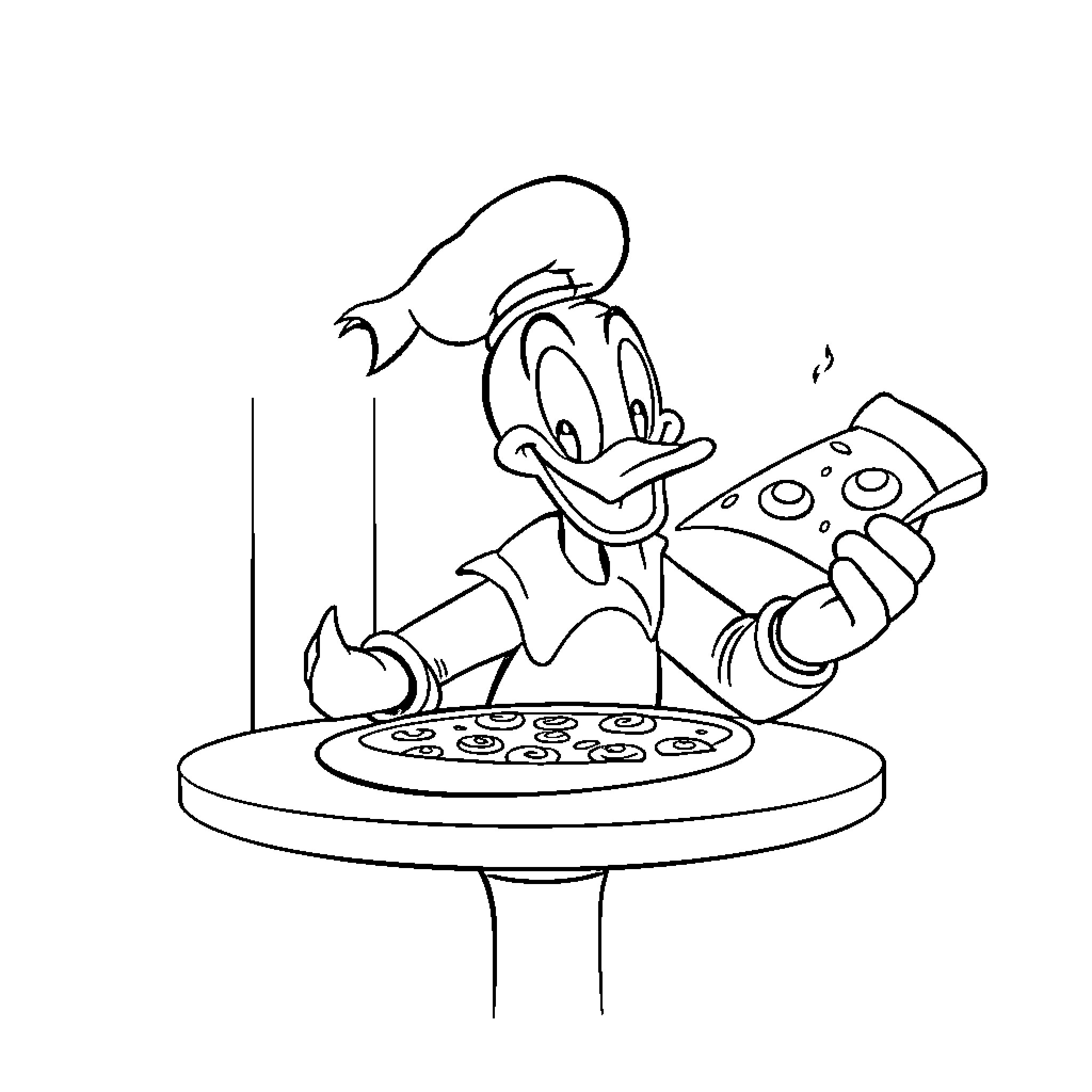 Donald Duck Enjoying a Delicious Pizza Coloring Page (free black-and-white line drawing printable PDF for all, from beginners to advanced learners, including children, teens, adults, and seniors)