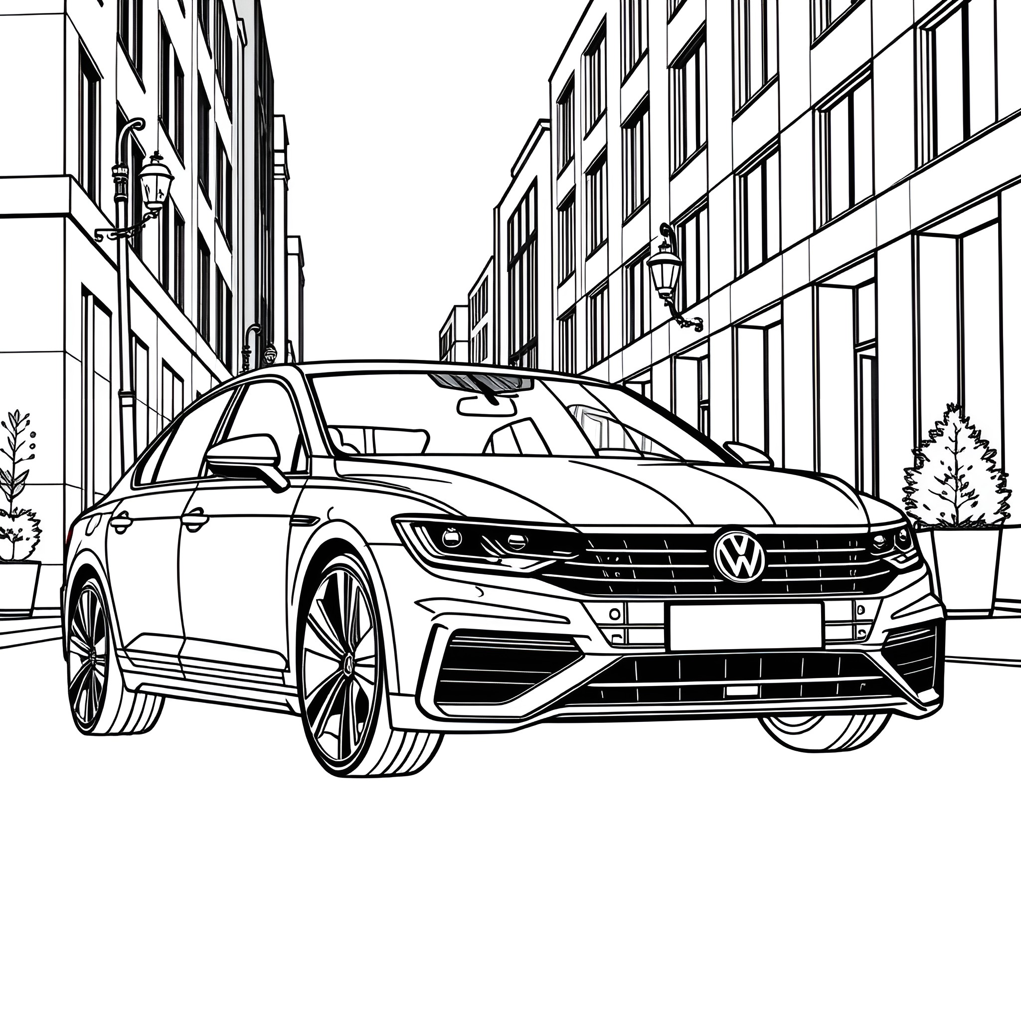 Passat driving through the city Coloring Page (free black-and-white line drawing printable PDF for all, from beginners to advanced learners, including children, teens, adults, and seniors)