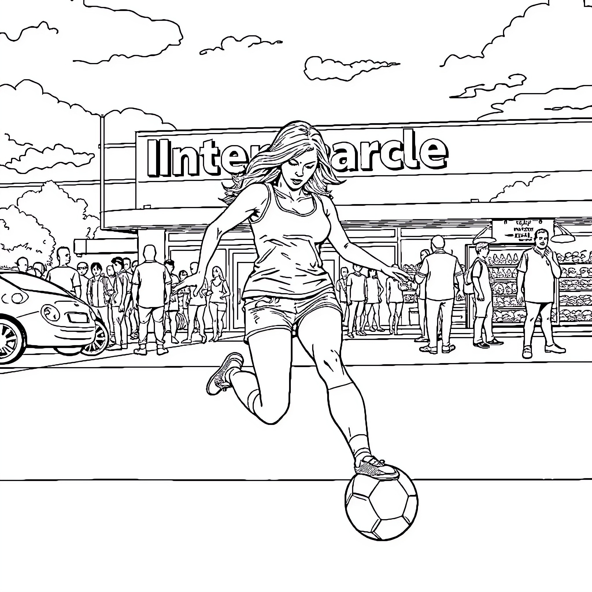 Pamela Anderson playing soccer in front of Intergrade Coloring Page (free black-and-white line drawing printable PDF for all, from beginners to advanced learners, including children, teens, adults, and seniors)