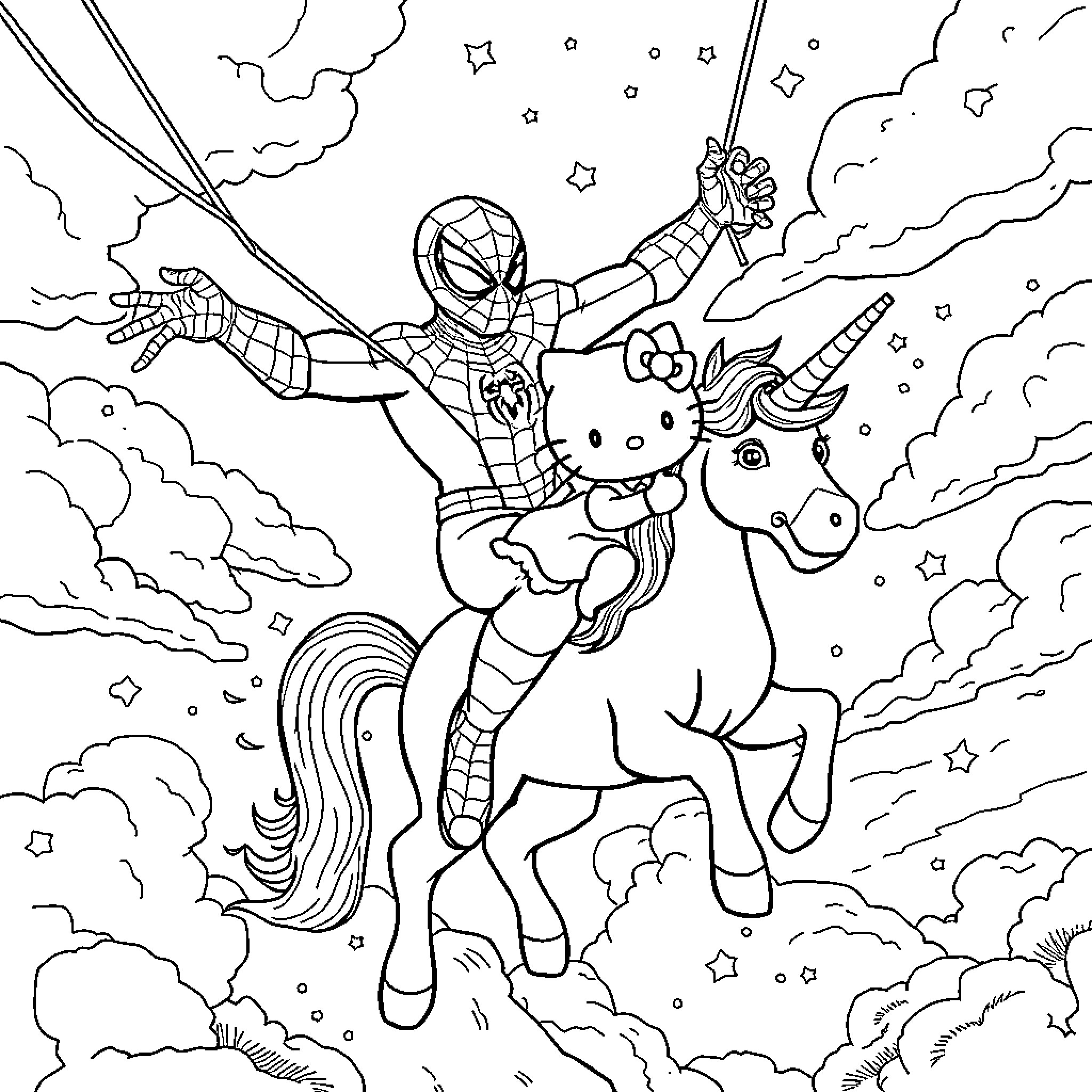 Spiderman swinging through the sky with a unicorn Coloring Page (free black-and-white line drawing printable PDF for all, from beginners to advanced learners, including children, teens, adults, and seniors)