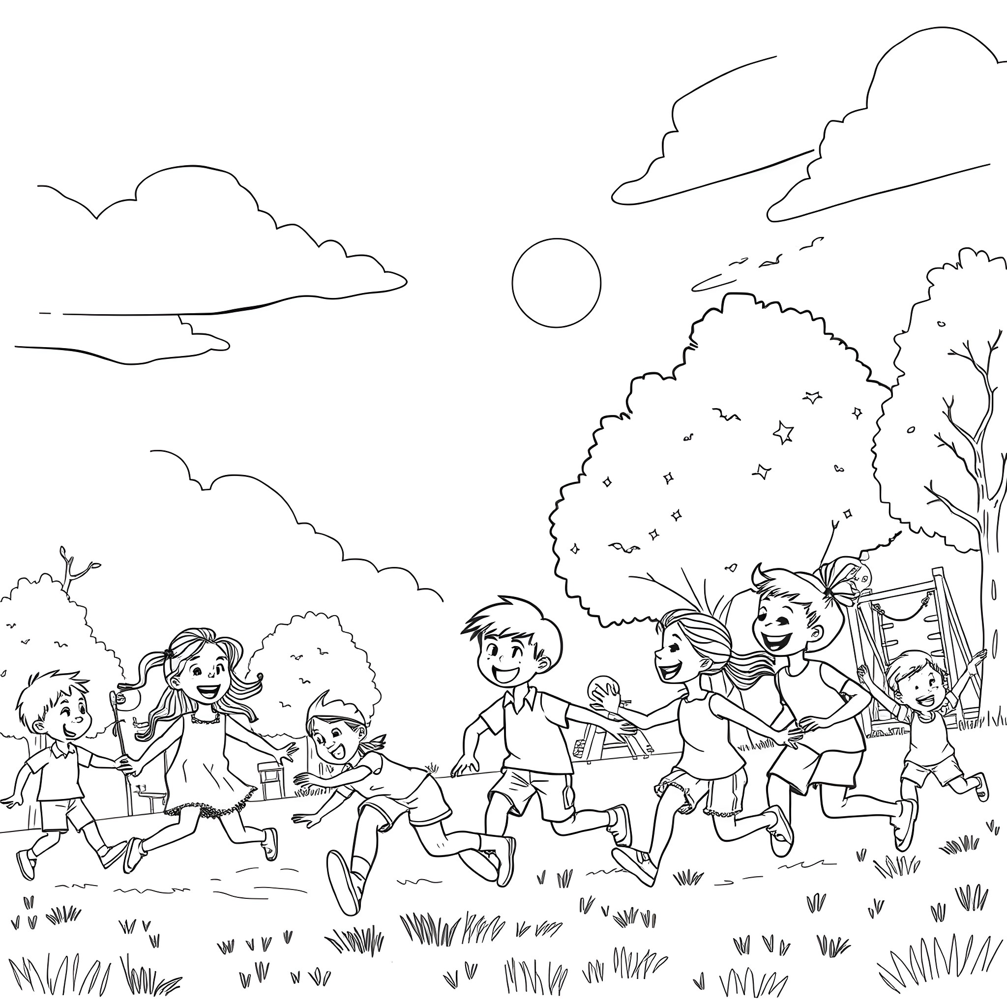 Kid play happily with friends in the nature Coloring Page (free black-and-white line drawing printable PDF for all, from beginners to advanced learners, including children, teens, adults, and seniors)