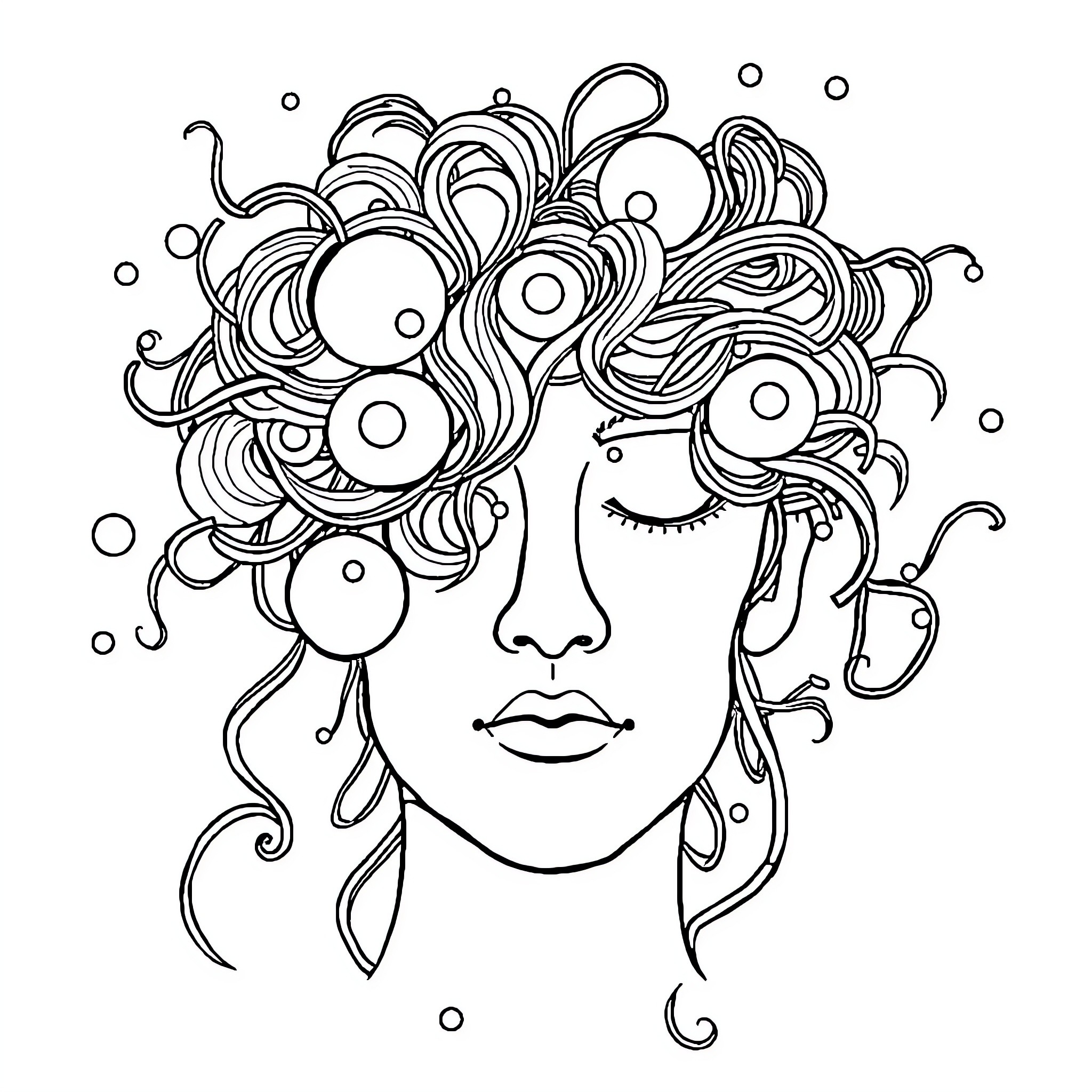 Brainrot: Whimsical Face with Abstract Curls Coloring Page (free black-and-white line drawing printable PDF for all, from beginners to advanced learners, including children, teens, adults, and seniors)