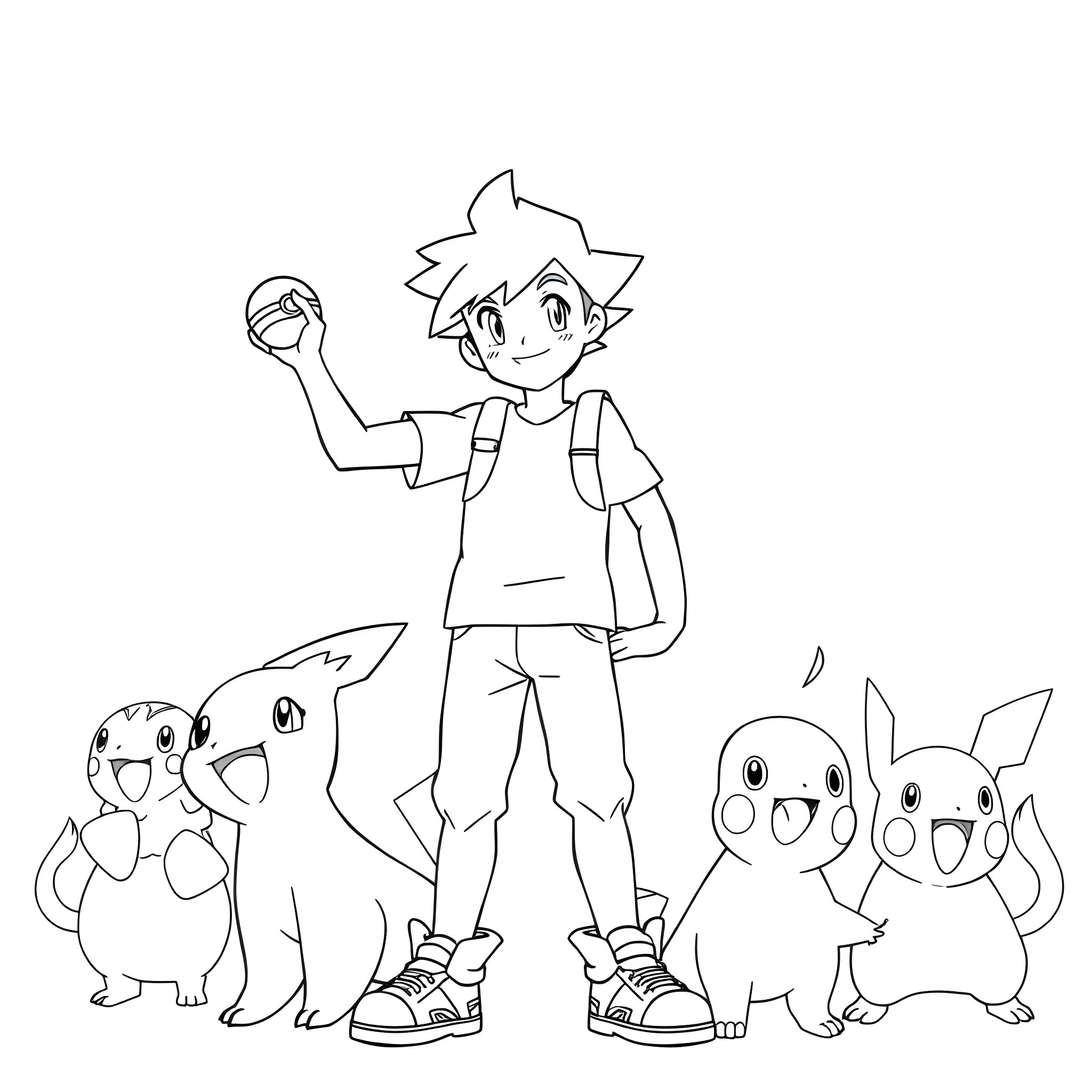 Ash trains Pokemon companions in the wilderness Coloring Page (free black-and-white line drawing printable PDF for all, from beginners to advanced learners, including children, teens, adults, and seniors)