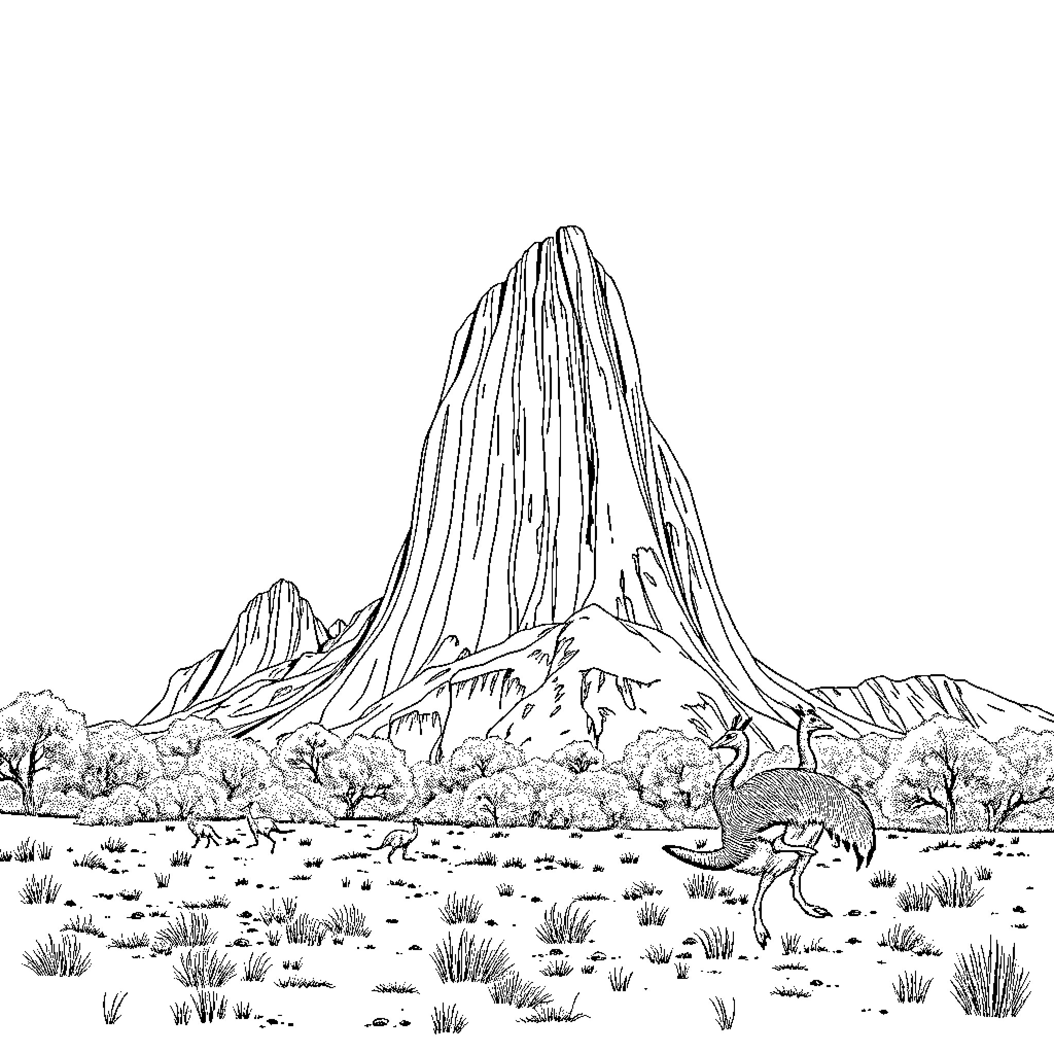 Ayres Rock landscape with desert animals Coloring Page (free black-and-white line drawing printable PDF for all, from beginners to advanced learners, including children, teens, adults, and seniors)