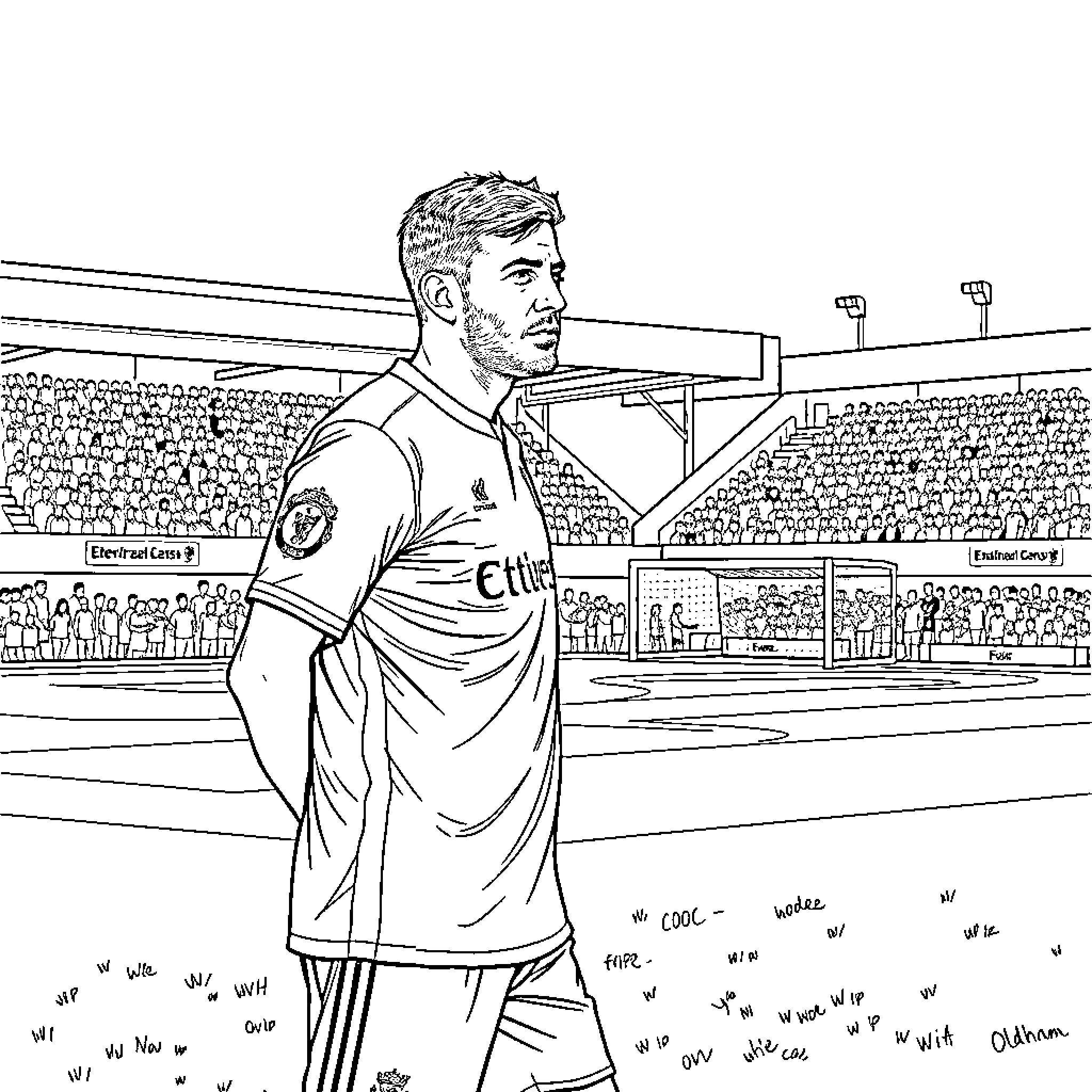 Steven Gerrard standing confidently on soccer field Coloring Page (free black-and-white line drawing printable PDF for all, from beginners to advanced learners, including children, teens, adults, and seniors)