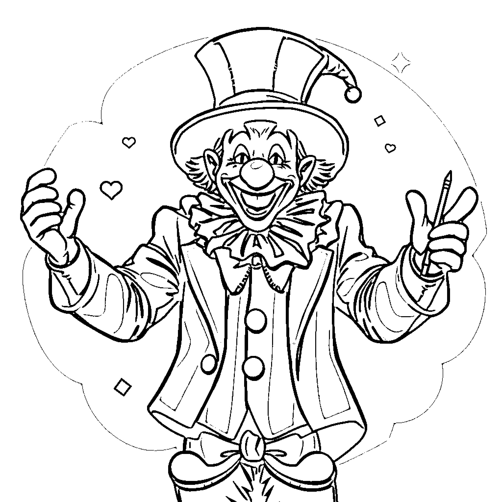 Clown with Whimsical Gestures and Vibrant Attire Coloring Page (free black-and-white line drawing printable PDF for all, from beginners to advanced learners, including children, teens, adults, and seniors)