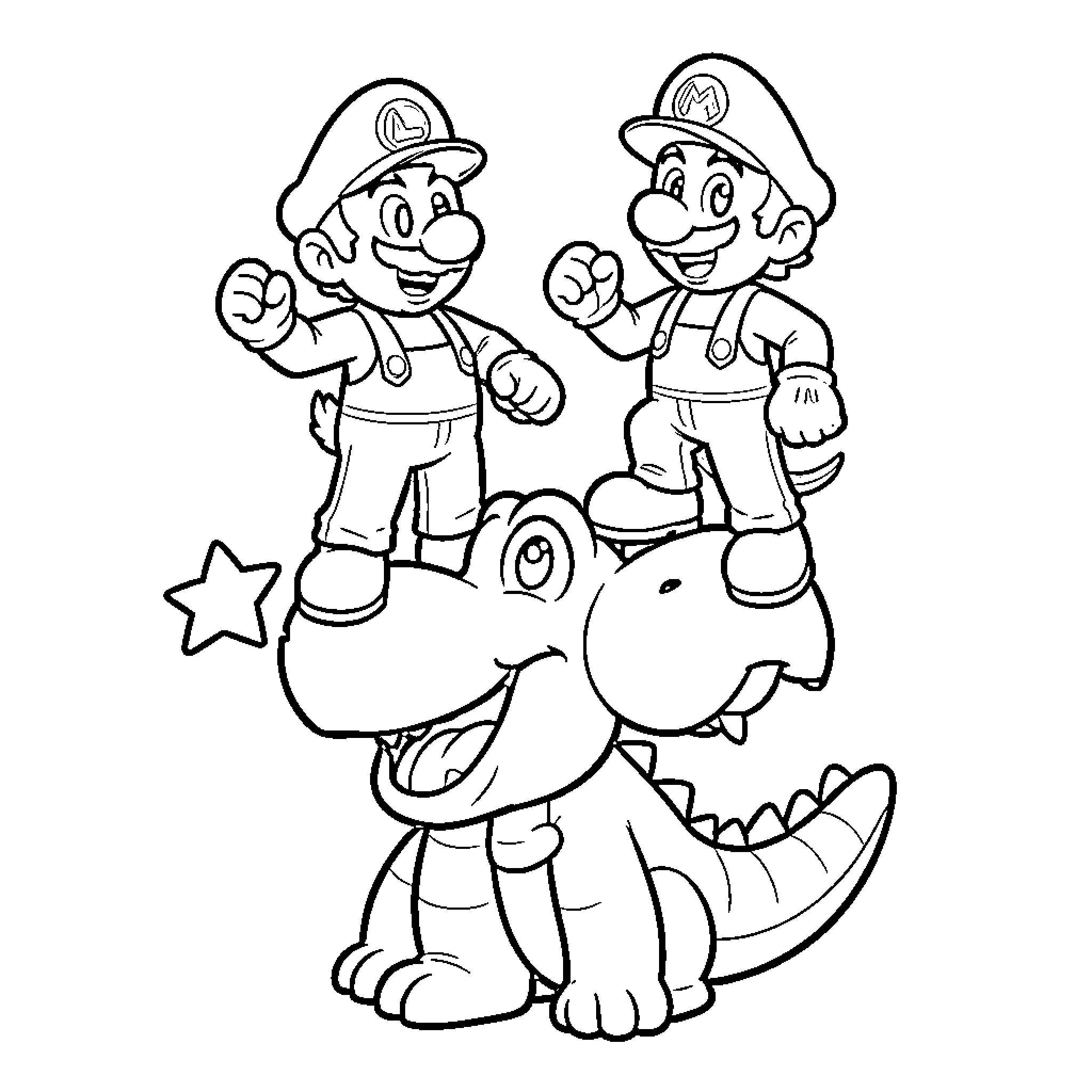 Yoshi carrying Mario and Luigi on his back Coloring Page (free black-and-white line drawing printable PDF for all, from beginners to advanced learners, including children, teens, adults, and seniors)