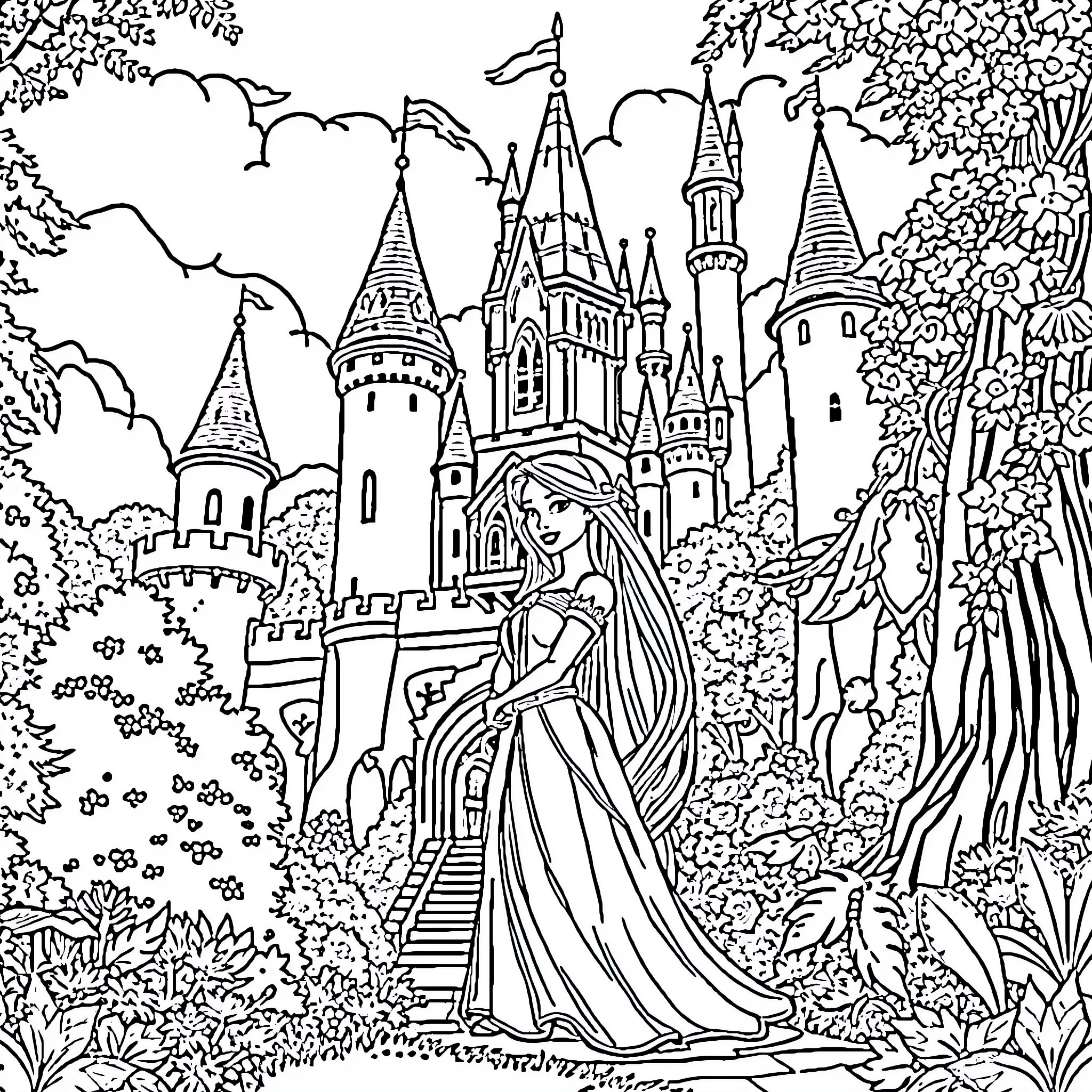 Barbie in a Fairytale Castle Coloring Page (free black-and-white line drawing printable PDF for all, from beginners to advanced learners, including children, teens, adults, and seniors)