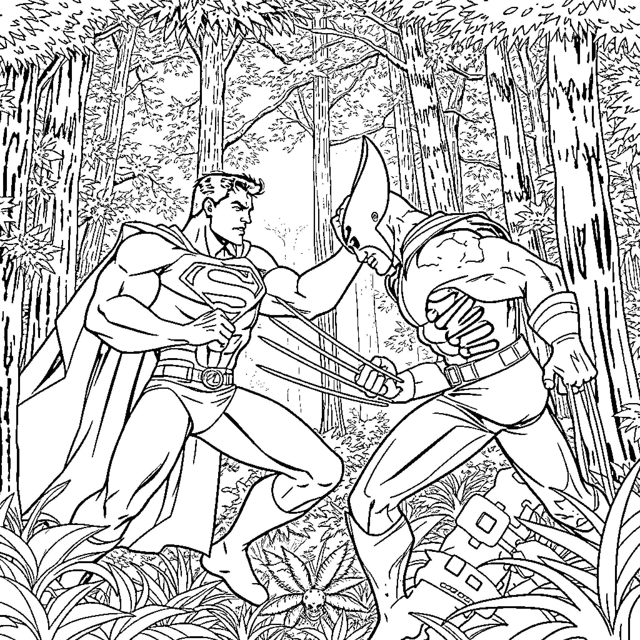 Superman fighting crime in the forest Coloring Page (free black-and-white line drawing printable PDF for all, from beginners to advanced learners, including children, teens, adults, and seniors)