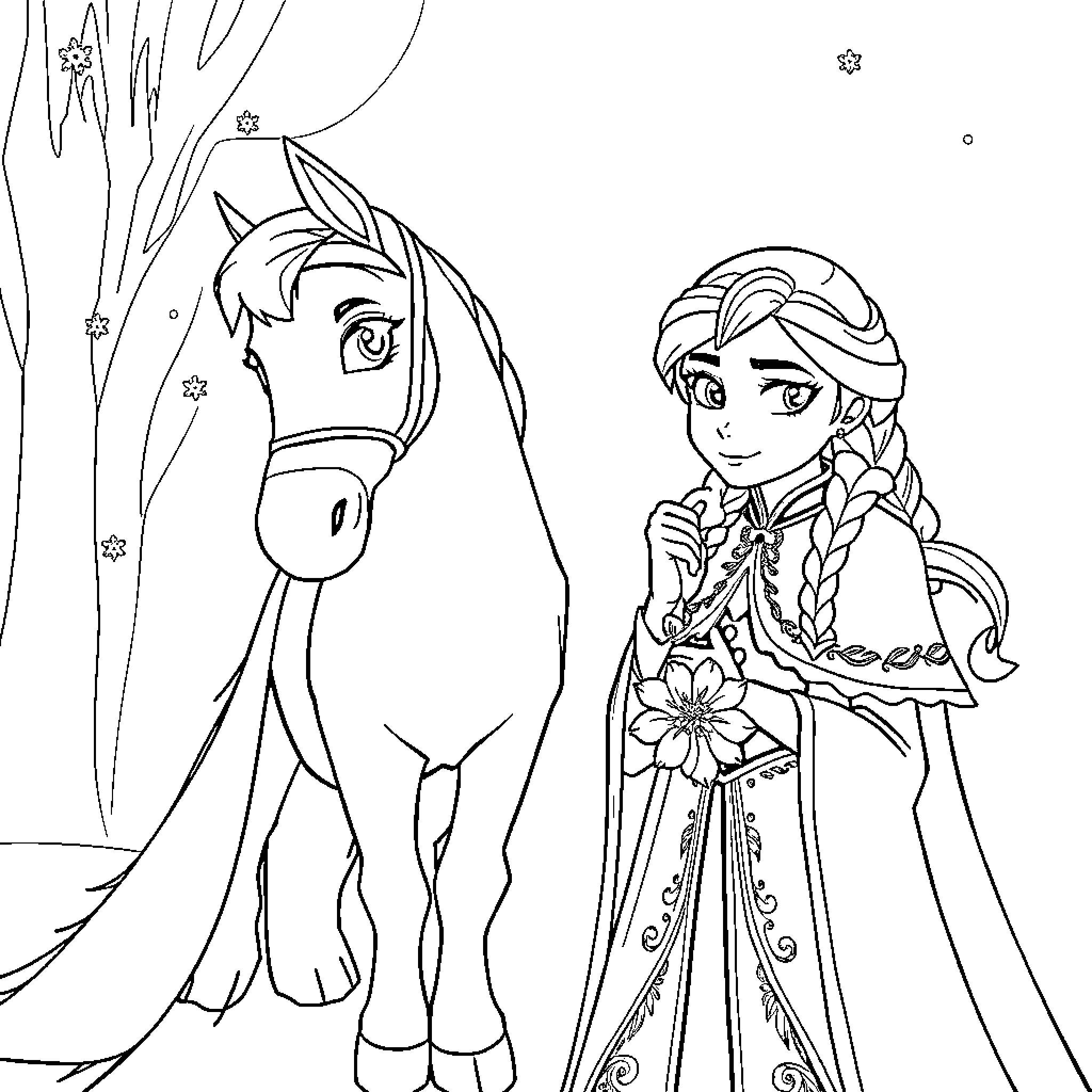 Queen standing gracefully with her loyal horse Coloring Page (free black-and-white line drawing printable PDF for all, from beginners to advanced learners, including children, teens, adults, and seniors)