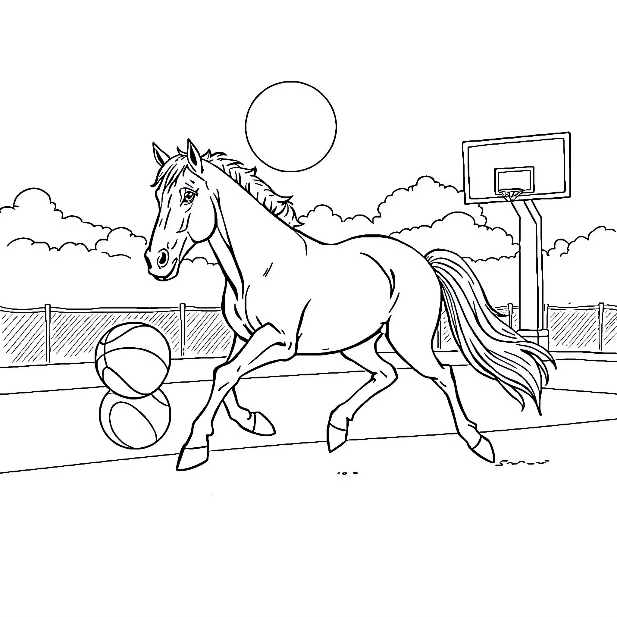 Horse running on the basketball court Coloring Page (free black-and-white line drawing printable PDF for all, from beginners to advanced learners, including children, teens, adults, and seniors)