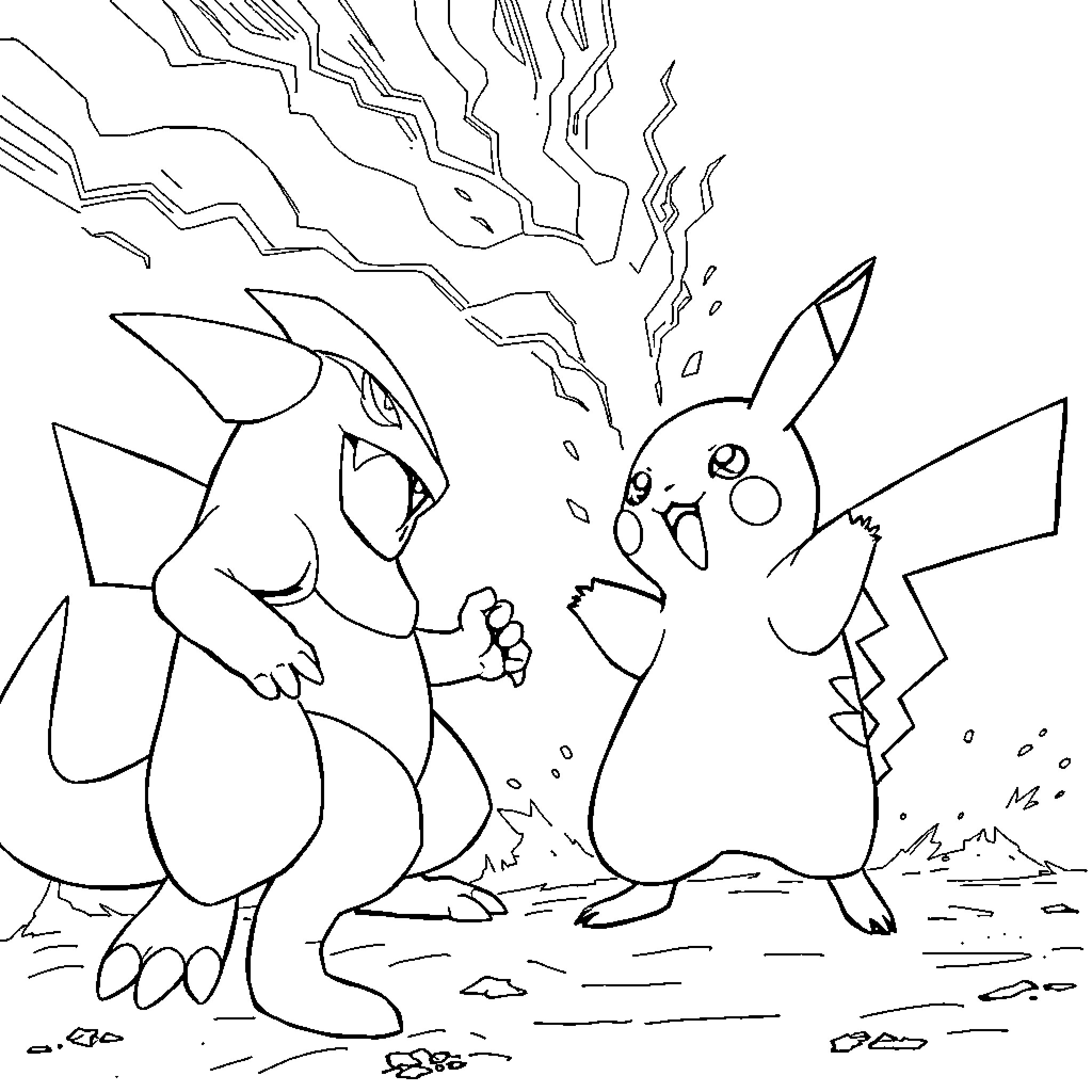Pikachu and Charizard in an epic battle Coloring Page (free black-and-white line drawing printable PDF for all, from beginners to advanced learners, including children, teens, adults, and seniors)