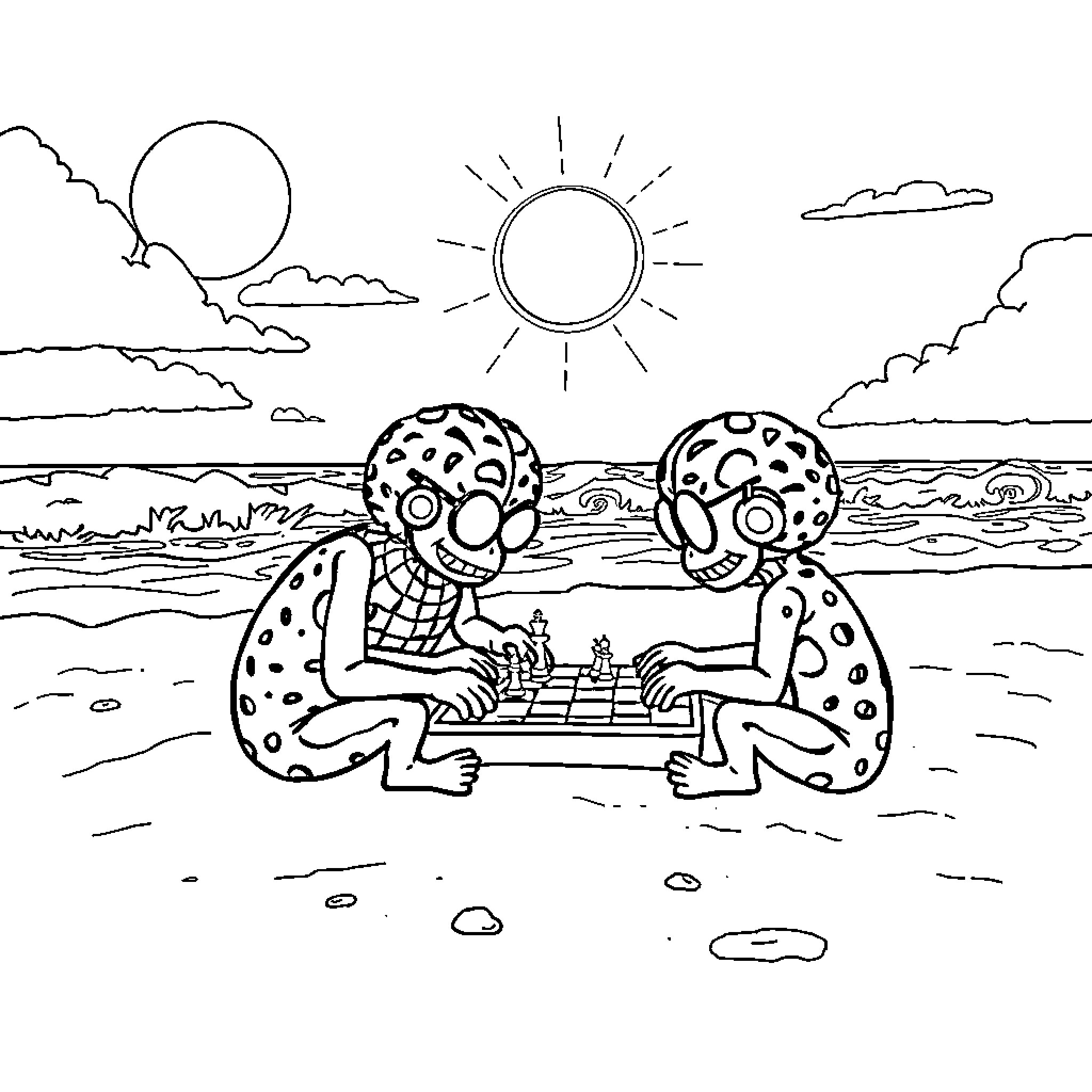 Brainrot Creatures Playing Chess on the Beach Coloring Page (free black-and-white line drawing printable PDF for all, from beginners to advanced learners, including children, teens, adults, and seniors)