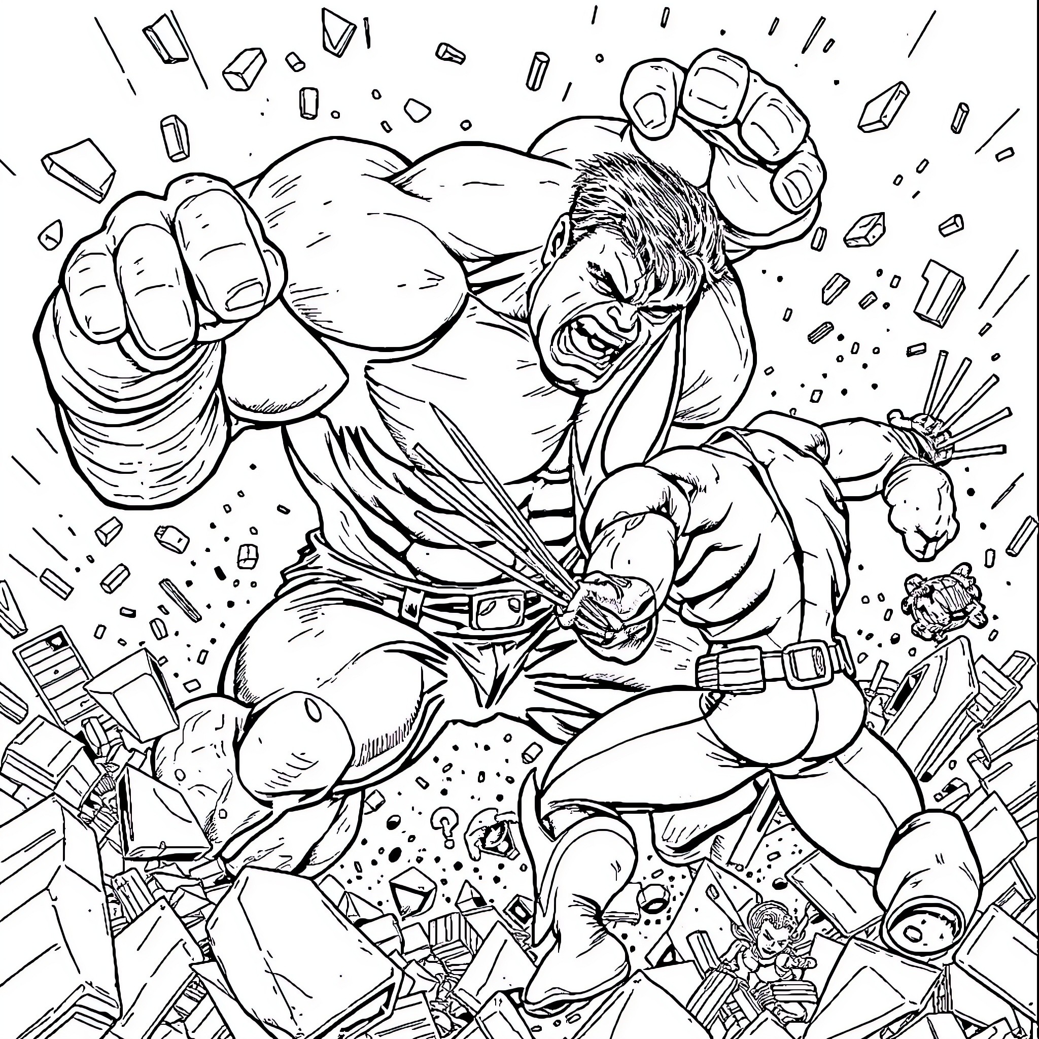 Hulk Smashes Through Destruction and Debris Coloring Page (free black-and-white line drawing printable PDF for all, from beginners to advanced learners, including children, teens, adults, and seniors)