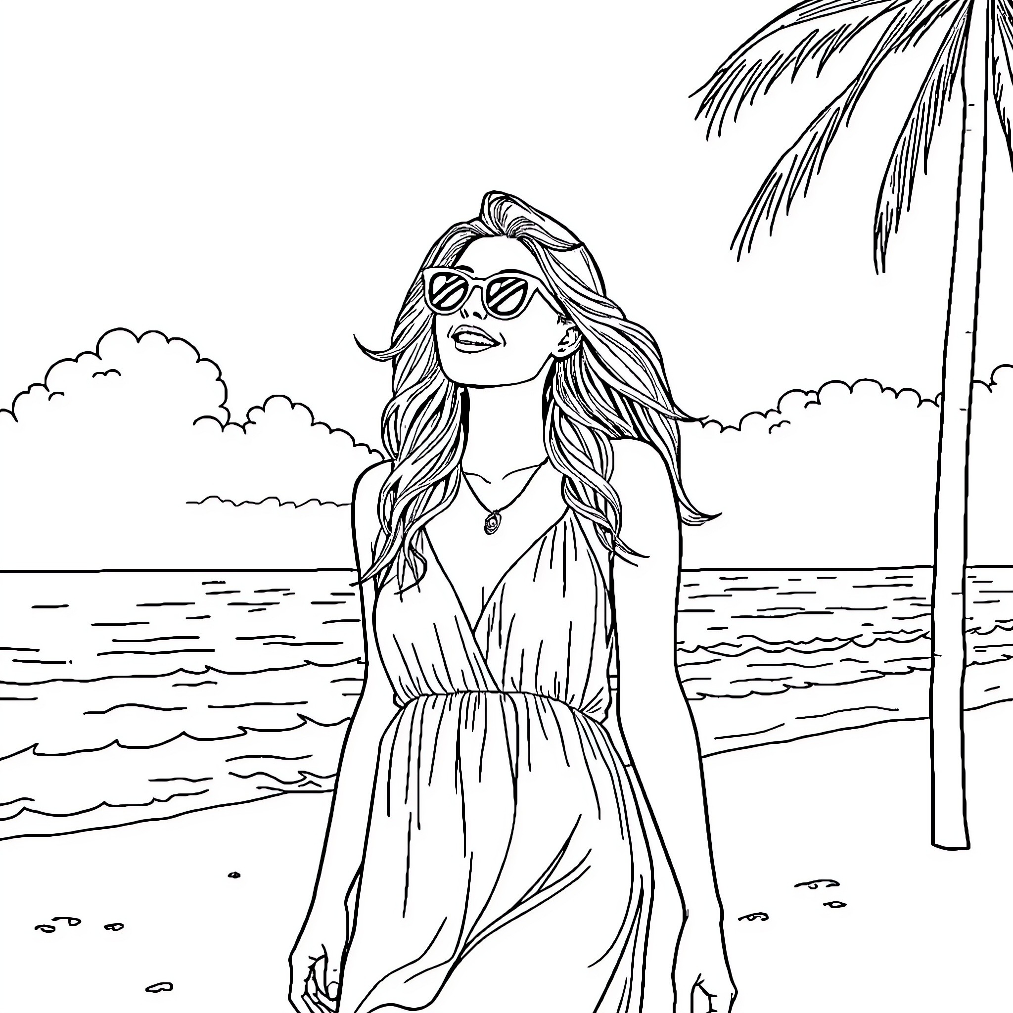 Woman enjoying a sunny day at the beach Coloring Page (free black-and-white line drawing printable PDF for all, from beginners to advanced learners, including children, teens, adults, and seniors)