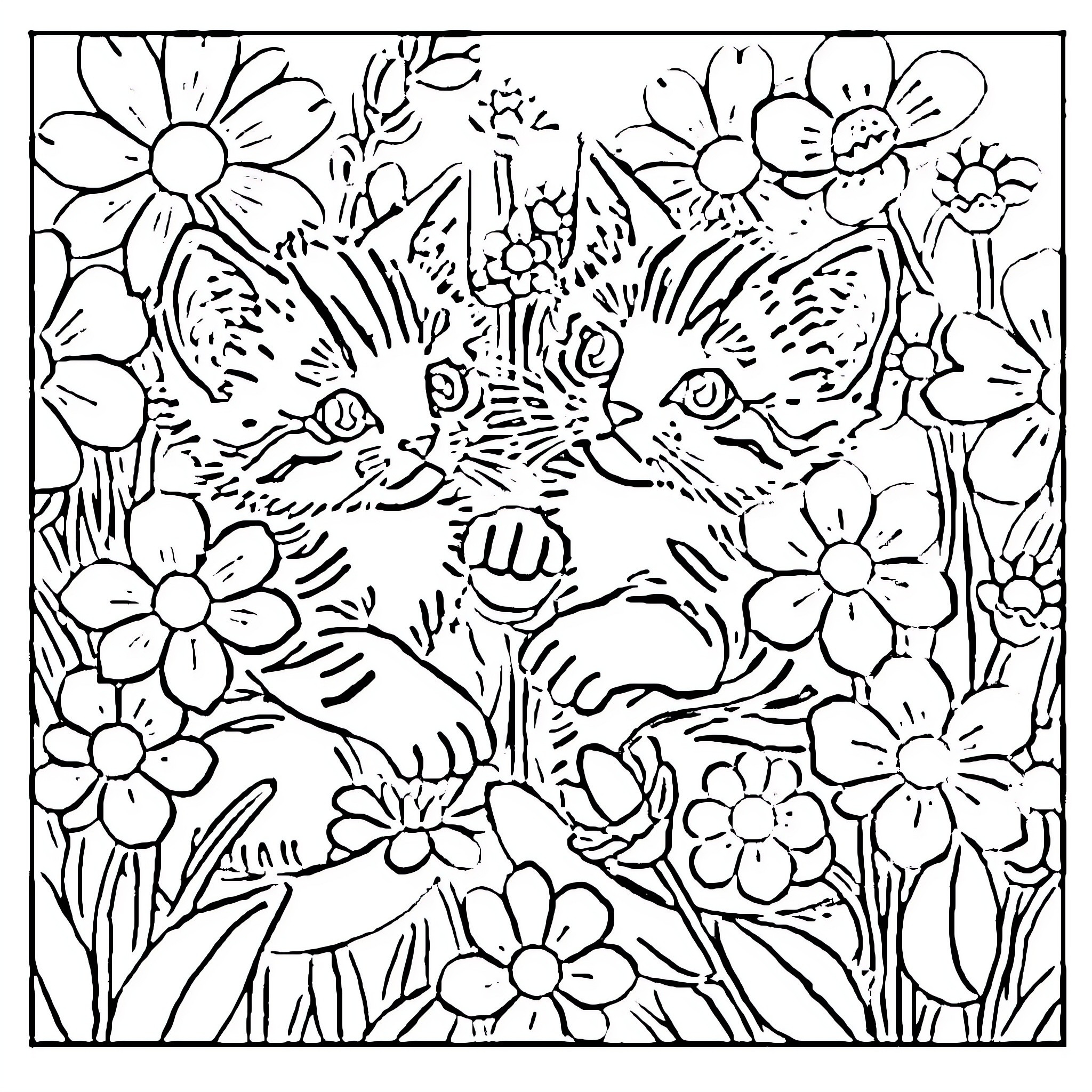 Kittens in a Flowery Wonderland Coloring Page (free black-and-white line drawing printable PDF for all, from beginners to advanced learners, including children, teens, adults, and seniors)