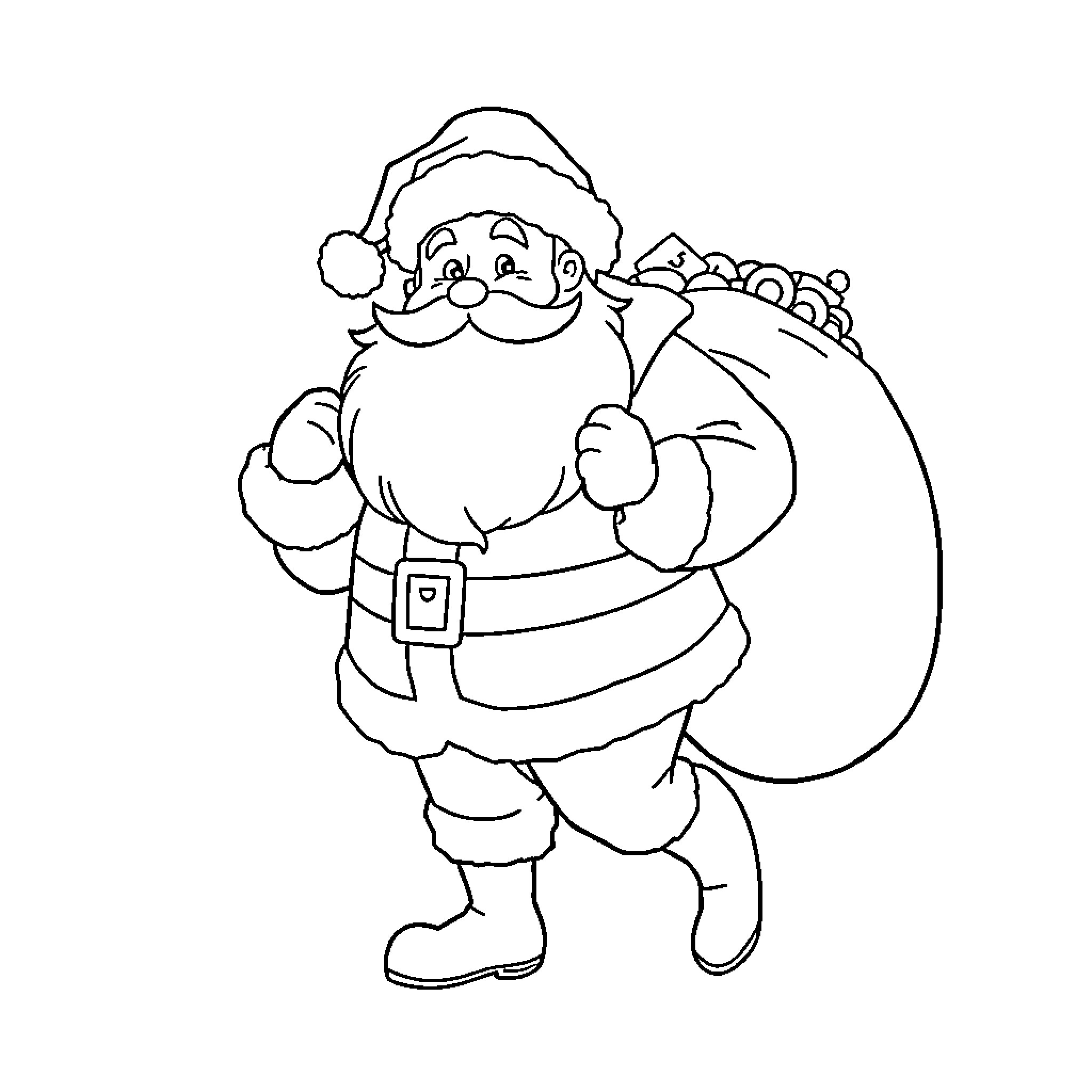 Santa Claus with Sack Bringing Gifts Coloring Page (free black-and-white line drawing printable PDF for all, from beginners to advanced learners, including children, teens, adults, and seniors)