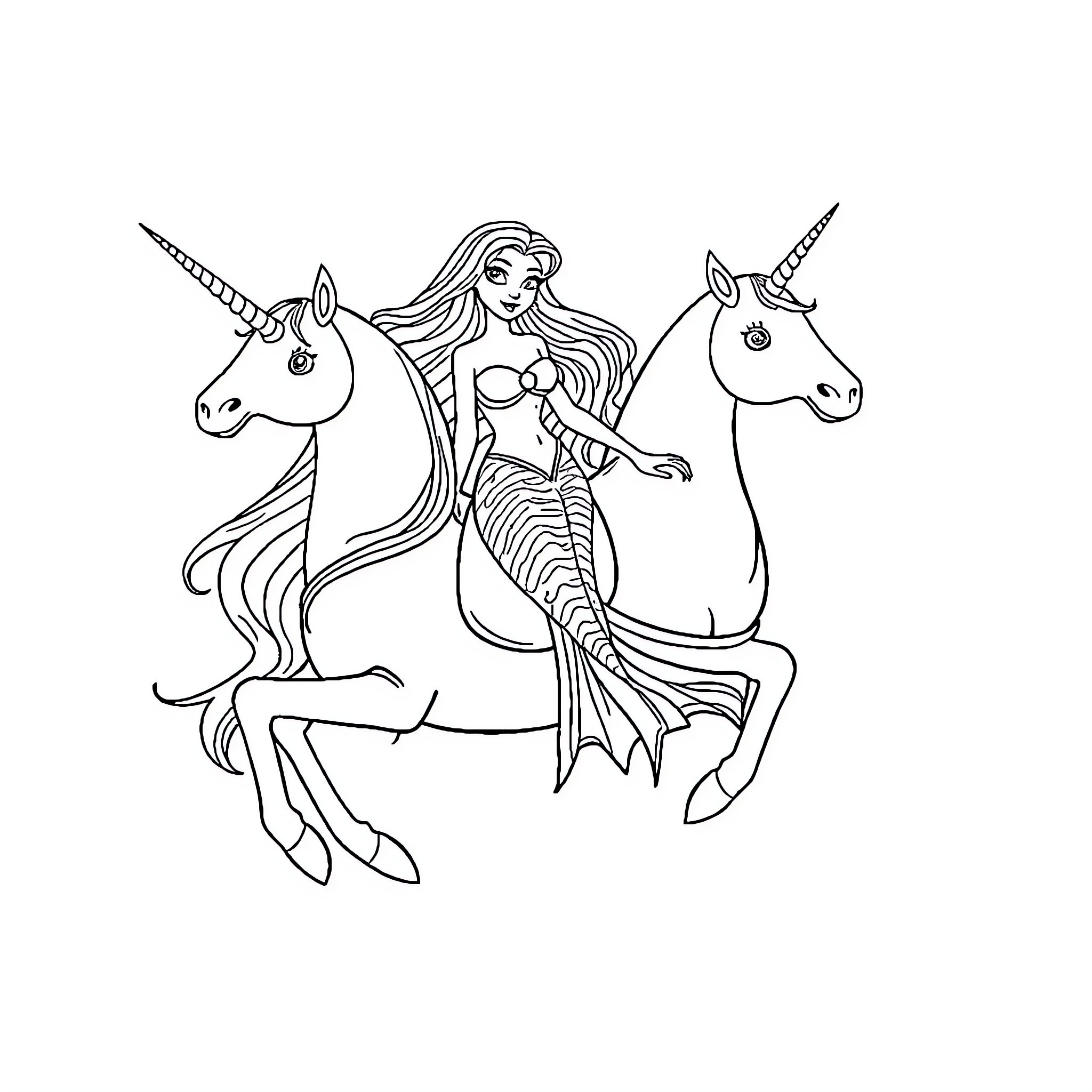 Mermaid riding majestic unicorn with grace Coloring Page (free black-and-white line drawing printable PDF for all, from beginners to advanced learners, including children, teens, adults, and seniors)