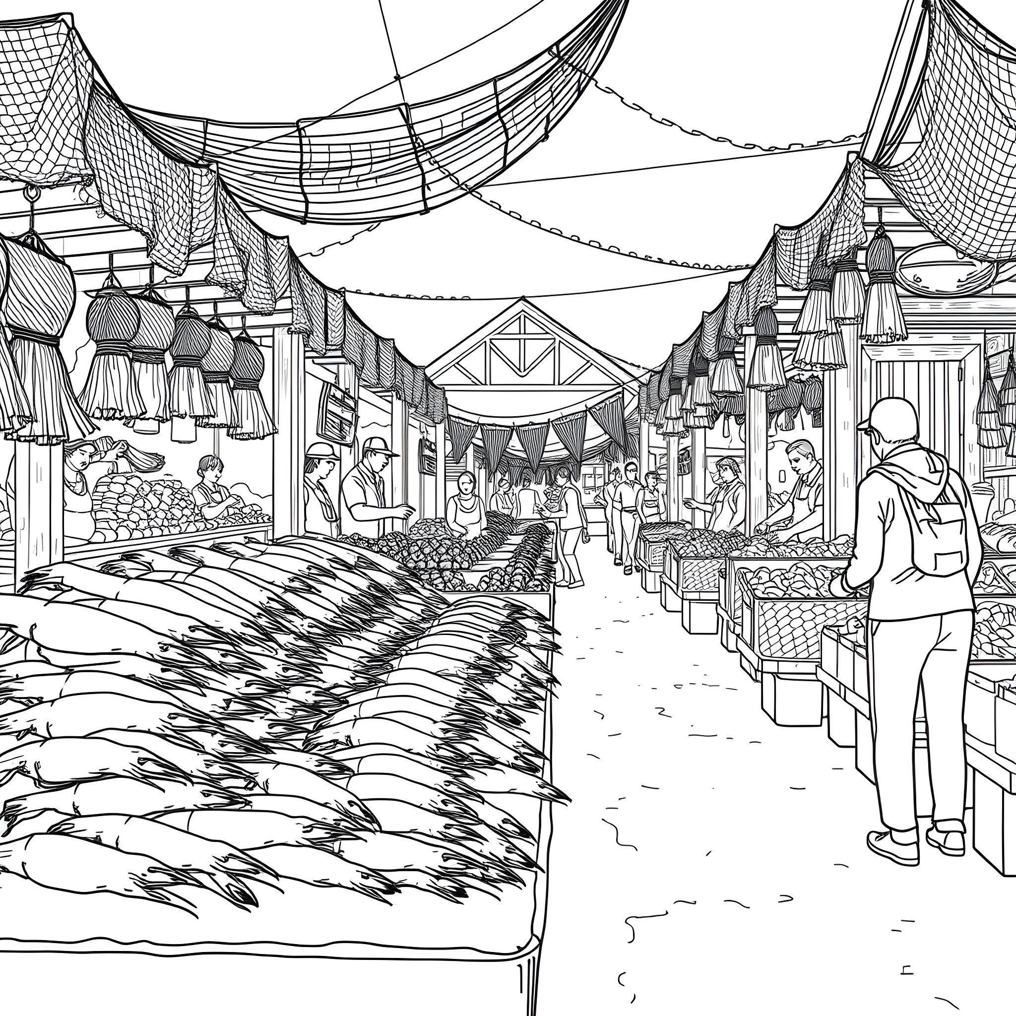 Shrimp market bustling with activity and vendors Coloring Page (free black-and-white line drawing printable PDF for all, from beginners to advanced learners, including children, teens, adults, and seniors)