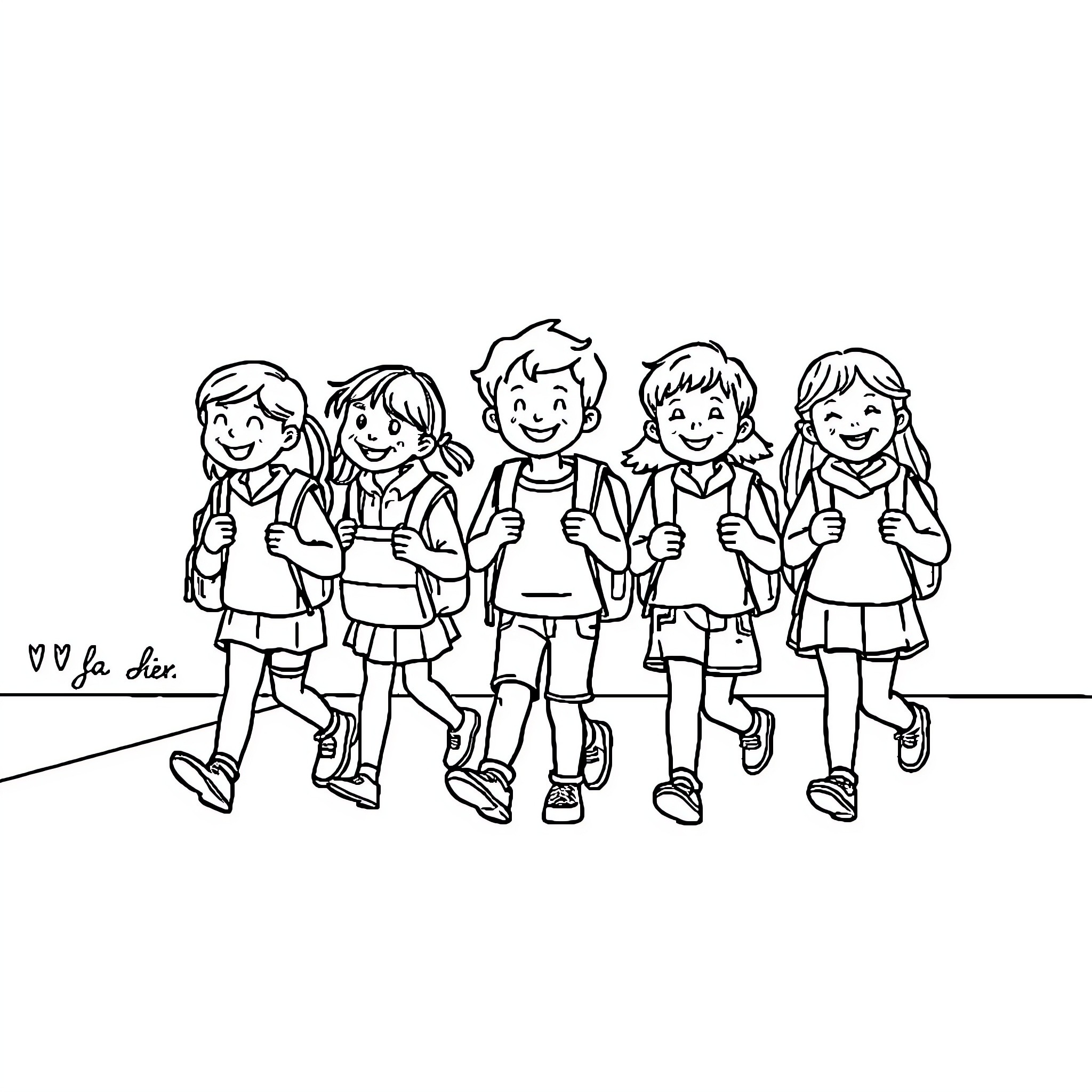 Students walking happily in school uniforms Coloring Page (free black-and-white line drawing printable PDF for all, from beginners to advanced learners, including children, teens, adults, and seniors)